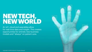 8
NEWTECH,
NEWWORLD
AI, IoT, cloud and wearables allow
for real-time data and insight. This creates
opportunities for entirely new business
models and “always” on patient care.
Copyright © 2018 Accenture. All rights reserved.
 