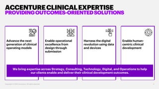 Advance the next
generation of clinical
operating models
Enable operational
excellence from
design through
submission
Harness the digital
revolution using data
and devices
Enable human-
centric clinical
development
ACCENTURECLINICALEXPERTISE
PROVIDINGOUTCOMES-ORIENTEDSOLUTIONS
We bring expertise across Strategy, Consulting, Technology, Digital, and Operations to help
our clients enable and deliver their clinical development outcomes.
Copyright © 2020 Accenture. All rights reserved. 3
 