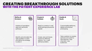 CREATING BREAKTHROUGH SOLUTIONS
WITH THE PATIENT EXPERIENCE LAB
Define &
Envision
Create &
Validate
Enable &
Scale
Analysis of population
data and real world
pathways
Identify and articulate the
right problem to solve
and define the strategy
to solve it
Rapid co-creation in real
world settings (physical &
digital)
Create, test and iterate
toward an effective
solution for a well-
defined problem.
Customizable platforms,
digital and physical
prototyping.
Take a solution to market,
optimize and scale for
new features / new
channels / new
audiences.
Copyright © 2020 Accenture. All rights reserved. 8
 