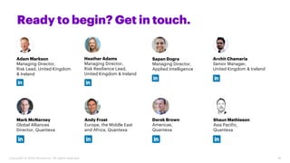 18
Copyright © 2020 Accenture. All rights reserved.
Ready to begin? Get in touch.
Andy Frost
Europe, the Middle East
and Africa, Quantexa
Mark McNerney
Global Alliances
Director, Quantexa
Derek Brown
Americas,
Quantexa
Shaun Mathieson
Asia Pacific,
Quantexa
Heather Adams
Managing Director,
Risk Resilience Lead,
United Kingdom & Ireland
Archit Chamaria
Senior Manager,
United Kingdom & Ireland
Sapan Dogra
Managing Director,
Applied Intelligence
Adam Markson
Managing Director,
Risk Lead, United Kingdom
& Ireland
 