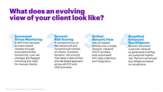7
Copyright © 2020 Accenture. All rights reserved.
Automated
Threat Monitoring
A shift from periodic
to event-based
reviews through
automated threat
monitoring. Low risk
changes are flagged
removing the need
for manual checks.
Dynamic
Risk Scoring
A renewed focus on
the behavioral and
transactional context
of clients. Constant,
dynamic risk scoring
that takes a data-driven
and risk-based approach
across all KYC and
CDD activities.
Unified
Network View
Link all related
entities into a single
dynamic network
of KYC profiles,
with automated
KYC data collection
and integration.
Simplified
Enhanced
Due Diligence
Monitor the entire
customer network
as generated and flag
any potential hidden
risk. Perform enhanced
due diligence based
on exceptions.
What does an evolving
view of your client look like?
 