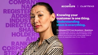 Knowing your
customer is one thing.
Understanding
them is everything.
Continuous KYC from Accenture + Quantexa.
Introducing a new, dynamic risk assessment model.
An approach that combines solid knowledge of the
regulatory environment with cutting-edge tools to
give you an expanded view of your clients.
Copyright © 2020 Accenture. All rights reserved.
 
