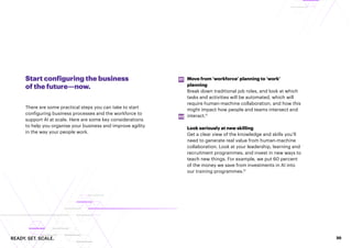 READY. SET. SCALE. 20
Start configuring the business
of the future—now.
There are some practical steps you can take to start
configuring business processes and the workforce to
support AI at scale. Here are some key considerations
to help you organise your business and improve agility
in the way your people work.
Move from ‘workforce’ planning to ‘work’
planning
Break down traditional job roles, and look at which
tasks and activities will be automated, which will
require human-machine collaboration, and how this
might impact how people and teams intersect and
interact.11
Look seriously at new skilling
Get a clear view of the knowledge and skills you’ll
need to generate real value from human-machine
collaboration. Look at your leadership, learning and
recruitment programmes, and invest in new ways to
teach new things. For example, we put 60 percent
of the money we save from investments in AI into
our training programmes.12
01
02
 