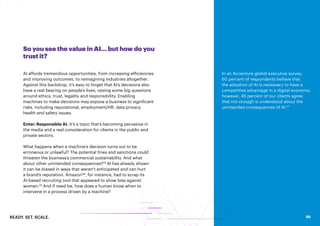 READY. SET. SCALE. 30
So you see the value in AI… but how do you
trust it?
AI affords tremendous opportunities, from increasing efficiencies
and improving outcomes, to reimagining industries altogether.
Against this backdrop, it’s easy to forget that AI’s decisions also
have a real bearing on people’s lives, raising some big questions
around ethics, trust, legality and responsibility. Enabling
machines to make decisions may expose a business to significant
risks, including reputational, employment/HR, data privacy,
health and safety issues.
Enter: Responsible AI. It’s a topic that’s becoming pervasive in
the media and a real consideration for clients in the public and
private sectors.
What happens when a machine’s decision turns out to be
erroneous or unlawful? The potential fines and sanctions could
threaten the business’s commercial sustainability. And what
about other unintended consequences?24
AI has already shown
it can be biased in ways that weren’t anticipated and can hurt
a brand’s reputation. AmazonSM
, for instance, had to scrap its
AI-based recruiting tool that appeared to show bias against
women.25
And if need be, how does a human know when to
intervene in a process driven by a machine?
In an Accenture global executive survey,
60 percent of respondents believe that
the adoption of AI is necessary to have a
competitive advantage in a digital economy;
however, 45 percent of our clients agree
that not enough is understood about the
unintended consequences of AI.27
30
 