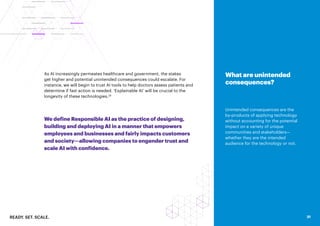 READY. SET. SCALE. 31
What are unintended
consequences?
Unintended consequences are the
by-products of applying technology
without accounting for the potential
impact on a variety of unique
communities and stakeholders—
whether they are the intended
audience for the technology or not.
31
We define Responsible AI as the practice of designing,
building and deploying AI in a manner that empowers
employees and businesses and fairly impacts customers
and society—allowing companies to engender trust and
scale AI with confidence.
As AI increasingly permeates healthcare and government, the stakes
get higher and potential unintended consequences could escalate. For
instance, we will begin to trust AI tools to help doctors assess patients and
determine if fast action is needed. ‘Explainable AI’ will be crucial to the
longevity of these technologies.26
 