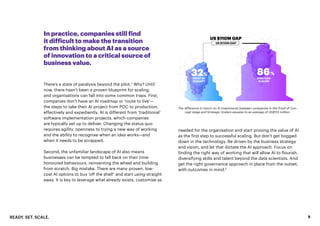 READY. SET. SCALE. 5
In practice, companies still find
it difficult to make the transition
from thinking about AI as a source
of innovation to a critical source of
business value.
There’s a state of paralysis beyond the pilot.2
Why? Until
now, there hasn’t been a proven blueprint for scaling,
and organisations can fall into some common traps. First,
companies don’t have an AI roadmap or ‘route to live’—
the steps to take their AI project from POC to production,
effectively and expediently. AI is different from ‘traditional’
software implementation projects, which companies
are typically set up to deliver. Changing the status quo
requires agility, openness to trying a new way of working
and the ability to recognise when an idea works—and
when it needs to be scrapped.
Second, the unfamiliar landscape of AI also means
businesses can be tempted to fall back on their time-
honoured behaviours, reinventing the wheel and building
from scratch. Big mistake. There are many proven, low-
cost AI options to buy ‘off the shelf’ and start using straight
away. It is key to leverage what already exists, customise as
The difference in return on AI investments between companies in the Proof of Con-
cept stage and Strategic Scalers equates to an average of US$110 million.
PROOF OF
CONCEPT
32%
STRATEGIC
SCALERS
86%
needed for the organisation and start proving the value of AI
as the first step to successful scaling. But don’t get bogged
down in the technology. Be driven by the business strategy
and vision, and let that dictate the AI approach. Focus on
finding the right way of working that will allow AI to flourish,
diversifying skills and talent beyond the data scientists. And
get the right governance approach in place from the outset,
with outcomes in mind.3
US $110M GAP
 
