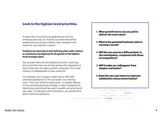 READY. SET. SCALE. 9
Look to the highest-level priorities.
It seems like more and more applications of AI are
emerging each day. So, how do you determine which
applications are going to deliver value, whatever that
means for your specific context?
Finding true value starts with defining what really matters
to a business and aligning the AI agenda to the highest-
level strategic plans.
Ask yourself: What are the boardroom’s short- and long-
term priorities? How can AI help achieve the objectives of
the C-suite such as organic growth, expansion into a new
industry or development of new products?
For example, your company might look at 300-400
potential applications of AI (‘use cases’) as a starting
point. They can’t all be of equal value—or equally aligned
to the overriding business strategy. A clear framework for
identifying value should be used to qualify and prioritise AI
use cases. To help get to that framework, you should think
about these key questions:
1. What growth levers can you pull to
deliver the most value?
2. What is the potential business value in
monetary terms?
3. Will the use case be a differentiator in
the marketplace, compared with those
of competitors?
4. Will it make our colleagues’ lives
simpler and better?
5. Does the use case improve customer
satisfaction and promote loyalty?
 