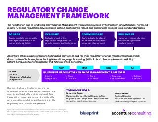 The need for an end-to-end Regulatory Change Management Framework powered by technology innovation has increased
as new rules and regulations have required institutions to have a robust and sustainable process to respond and prepare.
Accenture offers a range of options to financial services clients for their regulatory change management framework
driven by New Technologies including Natural Language Processing (NLP), Robotic Process Automation (RPA),
Natural Language Generation (NLG) and Artificial Intelligence (AI).
Blueprint Software Systems, Inc. offers a
Regulatory Change Management platform that
records and tracks the end-to-end workflow,
traceability, impact analysis, and provides the
corresponding Analytics and Reporting for the
Regulatory and Compliance practice.
REGULATORY CHANGE
MANAGEMENT FRAMEWORK
Rights to the trademark referenced herein, other than Accenture trademarks, belong to
their respective owners. We disclaim proprietary interest in the marks and names of others.
Copyright © 2018 Accenture All rights reserved.
TO FIND OUT MORE:
Samantha Regan
Managing Director, Global Finance & Risk
Regulatory and Compliance Lead, Accenture
samantha.regan@accenture.com
Peter Smialek
Regional Director
Blueprint Software Systems, Inc.
peter.smialek@blueprintsys.com
SOURCE
Source regulatory events data
from agency websites, third
parties and legal briefs.
•	 Feeds
•	 Alerts
•	 Regulatory Websites
•	 Legal Briefs
EVALUATE
Evaluate impact of the
regulatory change event on
people, process and technology.
COMMUNICATE
Communicate the plan of
action based on impact of
regulatory change event.
BLUEPRINT REGULATORY CHANGE MANAGEMENT PLATFORM
IMPLEMENT
Implement the plan of action
and validate against the
regulatory event.
•	 Events
•	 Obligations
•	 Risks
•	 Controls
•	 Tests
•	 Evidence
•	 Processes
•	 Requirements
•	 Policies
•	 Reports
NLP RPA NLG AI
 