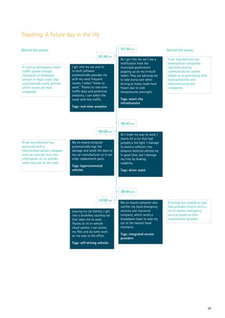 39
A car manufacturer has
developed an integrated,
real-time security
communications system
thanks to as partnership with
local authorities and
telecommunications
companies.
A startup has created an app
that provides citizens with a
list of nearest emergency
services based on their
smartphones' location.
I get into my car and its
in-built software
automatically provides me
with my most frequent
routes. I select “home to
work.” Thanks to real-time
traffic data and predictive
analytics, I can select the
route with less traffic.
Tags: real-time analytics
My on-board computer
automatically logs the
damage and sends the data to
my car manufacturer so it can
order replacement parts.
Tags: hyperconnected
vehicles
A city has developed a smart
traffic system through
thousands of embedded
sensors in major roads that
automatically notify vehicles
which routes are most
congested.
A car manufacturer has
partnered with a
telecommunications company
and can now get real-time
information on its vehicles
when they are on the road.
Behind the scenes
07:40 am
As I make my way to work, I
nearly hit a car that had
jumped a red light. I manage
to avoid a collision—my
distance detector alerted me
in good time, but I damage
my tires by braking
suddenly.
Tags: driver assist
08:45 am
As I get into my car I see a
notification from the
municipal government
popping up on my in-built
tablet. They are advising me
to take extra care when
driving as many roads have
frozen due to cold
temperatures overnight.
Tags: smart city
infrastrucutre
07:30 am
My on-board computer also
notifies my local emergency
services and insurance
company, which sends a
breakdown team to take my
car to the nearest local
mechanic.
Tags: integrated service
providers
09:45 am
09:00 am
Leaving my car behind, I get
into a driverless courtesy car
that takes me to work.
Thanks to its in-vehicle
cloud system, I can access
my files and do some work
on my way to the office.
Tags: self-driving vehicles
10:00 am
Behind the scenes
Traveling: A future day in the life
 