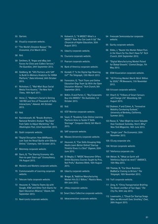 61
55	Gartner.
56	 Visual.ly corporate website.
57 “The World’s Greatest Bazaar,” The
Economist, 21st March 2013.
58	Ibid.
59	 Smithers, R, “Argos and eBay Join
Forces for Click-and-Collect Service,”
The Guardian, 24th September 2013.
60	 Goldberg, M, “SAS Partners with SAP
to Build In-Memory Analytics for HANA
Platform,” Data Informed, 24th October
2013.
61 	 Nicholson, C, “Wal-Mart Buys Social
Media Firm Kosmix,” The New York
Times, 19th April 2011.
62 	Heine, C, “Walmart’s Social Is Getting
10X ROI and Tens of Thousands of Daily
Interactions,” Adweek, 4th October
2013.
63 	Ibid.
64 	Ravindranath, M, “Brooks Brothers,
National Retailers Analyze “Big Data”
from Sales to Adjust Marketing,” The
Washington Post, 22nd September 2013.
65	 Qubit corporate website.
66 “Digital Disruption: How 800Razors.
com Took the Retail Battle with Gillette
Online,” Commpro, 15th October 2013.
67	 Meemeep corporate website.
68	 Davis, B, “The Sharing Economy: 40+
Peer-to-peer Start-ups” Econsultancy,
7th August 2013.
69	 Markets and Markets corporate website.
70	 Commonwealth of Learning corporate
website.
71	 Telecom Italia corporate website.
72 	Heussner, K, “Udacity Teams Up with
Google, AT&T and Other Tech Giants for
Open Education Alliance,” Giaom, 9th
September 2013.
73	 Noel-Levitz corporate website.
74	 Kolowich, S, “’A MOOC? What’s a
MOOC?’ Now You Can Look It Up” The
Chronicle of Higher Education, 30th
August 2013.
75	 Udacity corporate website.
76	 Coursera corporate website.
77	 Pearson corporate website.
78	 Bank of America corporate website.
79	 Kendall, P, “Is the Digital Age Rewiring
Us?” The Telegraph, 13th March 2013.
80	 Ferenstein, G, “Tech Titans and Online
Education Orgs Team Up With the Open
Education Alliance,” Tech Crunch, 9th
September 2013.
81 	Belkin, D and Porter, C, “Big Corporates
Buy into MOOCs” The Australian, 1st
October 2013.
82 	Ibid.
83	 ICEF Monitor corporate website.
84	 Sayer, P, “Academy Cube Online Learning
Platform Aims to Tackle IT Skills
Shortage” Computer World, 5th March
2013.
85	 SAP corporate website.
86	 Massey University corporate website.
87	 Heussner, K, “Can Skills Grouping Help
Adults Learn Better Online? Startup
Thinkful Gives it a Shot” Gigaom, 20th
June 2013.
88	 Di Meglio, F, “MOOC Newcomer Offers
Online Business Courses Taught by Pros,
Not Profs,” Business Week, 16th August
2013.
89	 Udacity corporate website.
90 Bregar, B, “Additive Manufacturing
Market Hits $1.7 Billion,” Plastics News,
6th June 2012.
91	 eYeka corporate website.
92 Smart Data Collective corporate website.
93	 Ideaconnection corporate website.
94	 Freescale Semiconductor corporate
website.
95	 Quirky corporate website.
96	 Gibbs, J, “Baxter the Worker Robot Puts
in the Hours So You Don’t Have To” Tech
Crunch, 20th September 2012.
97	 ”Digital Manufacturing Market Poised
for Global Growth,” Control Design, 7th
May 2013.
98	 GSM Association corporate website.
99 “3D Printing Market Worth $8.41 Billion
by 2020,” PR Newswire, 11th November
2013.
100	Ericsson corporate website.
101	 Kharif, O, “Trillions of Smart Sensors
will Change Life” Bloomberg, 5th
August 2013.
102 Shaheen, P and Cohen, A, “Innovative
Mobility Carsharing Outlook,”
University of Berkeley, California,
Summer 2013.
103 Roose, K, “Uber Might be more Valuable
than Facebook Someday. Here’s Why,”
New York Magazine, 16th June 2013.
104	”Single Lane” The Economist, 30th
November 2013.
105	 CE.org corporate site.
106	Verizon corporate website.
107	 Telefonica corporate site.
108	Weiser, N, “What on Earth will
Telefónica Digital do next?,” AMDOCS,
15th May 2013.
109	Thomas, N, “Car Share Business
BlaBlaCar Coming to Britain,” The
Telegraph, 16th November 2013.
110	 Trafi corporate website.
111	 Zeng, H, “China Transportation Briefing:
The Boom and Ban of Taxi Apps,” The
City Fix, 30th July 2013.
112	 Lowensohn, J, “Cloud Car Startup Snags
$6m, ex-Microsoft Exec Sinofsky,” Cnet,
28th August 2013.
 