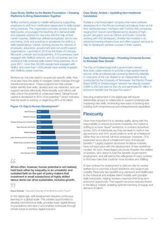 21Operating Models for the Future of Consumption
Case Study: Skillful by the Markle Foundation – Creating
Platforms to Bring Stakeholders Together
Skillful connects people to middle-skill jobs by supporting
employers to shift from certification-dependent to skills-based
hiring practices. The organization provides access to local
talent pools, encourages the teaching of in-demand skills
and prepares workers for new jobs with the help of their
career coaches. Skillful has defined and piloted, and is now
promoting, tools and practices to accelerate the shift to a
skills-based labour market, working across the network of
employers, educators, government and non-profit support
organizations. Launched in 2016 by the State of Colorado,
Microsoft, LinkedIn and local partners, 375 businesses have
engaged with Skillful’s network, and 20 companies are now
working to fully embrace skills-based hiring practices. As of
June 2017, more than 60,000 people have engaged with
Skillful, and more than 1,400 people have actively engaged
with Skillful’s career coaches.
Workers do not only need to acquire job-specific skills, they
must also have the ability to navigate career changes through
transitional education. These programmes help people
better identify their skills, develop and use networks, and use
support services effectively. More broadly, such efforts will
help unlock the potential of underused talent. Global human
capital is developed to 62% of its potential,39
which indicates
that the world is wasting or neglecting 38% of its talent.
Figure 13: Gap in Human Development40
North America 26%
Western Europe 29%
Eastern Europe and Central Asia 33%
East Asia and the Pacific 34%
Latin America and the Caribbean 40%
Middle East and North Africa 44%
South Asia 46%
Sub-Saharan Africa 47%
Global Average 38%
All too often, however, human potential is not realized,
held back either by inequality or an unrealistic and
outdated faith on the part of policy-makers that
investment in small subsections of highly skilled
labour alone can drive sustainable, inclusive growth.
Klaus Schwab – Executive Chairman of the World Economic Forum41
In this digital age, skill development requires continuous
learning on a global scale. This creates opportunities to
develop hard technical skills, provides basic digital literacy
to populations who lack it and enables individuals through
infrastructure to achieve digital inclusion.
Case Study: Andela – Upskilling Non-traditional
Candidates
Andela is a technical talent company that trains software
developers from the African continent and places them as full-
time distributed team members with Fortune 500 companies
ranging from Viacom and Mastercard to dozens of high-
growth disruptors such as GitHub and Gusto. Currently
working with 500 developers, Andela has invested in an
advanced training infrastructure and offers support services to
help its developers achieve success in their careers.
Case Study: Chattanooga – Providing Universal Access
to Stimulate New Growth
The City of Chattanooga built a government-owned,
fibre-optic cable network to provide a high-speed internet
service, while simultaneously increasing electricity reliability
in rural parts of the city. Based on an independent study
conducted by the University of Tennessee, the Electric Power
Board (EPB) of Chattanooga’s network has directly created
2,800–5,200 new jobs for the city and generated $1 billion in
economic benefit over the past five years.40
Securing employment in the digital age will require
stakeholder groups to collaborate to support professionals
mastering new skills, embracing new ways of working and
building both intrapreneurial and entrepreneurial capabilities.
Flexicurity
Given how important it is to develop agility, along with the
responsibility to ensure economic inclusivity, the market is
shifting to a more “liquid” workforce. In a recent Accenture
survey, 52% of individuals say they are likely to work in the
gig economy and 53% would prefer to work as a freelancer
rather than as a formal, full-time employee. However, 72%
expressed worry about a freelancer’s lack of employee
benefits.43
Legacy support structures for labour markets
have not kept pace with the development of new workforce
models. As such, these legacy structures threaten the welfare
of workers, who stand to lose the benefits of permanent
employment, and will restrict the willingness of many workers
to find new roles that could be more lucrative and fulfilling.
A new contract for employment is vital not only for worker
welfare but to promote a liquid workforce and support job
mobility. Flexicurity ties benefits (e.g. pensions and healthcare)
to the individual and enables talent mobility with portable
skills transcripts, helping workers maximize their long-term
economic opportunity. This support structure reduces friction
in the labour market, enabling optimal matching of supply and
demand of talent.
 