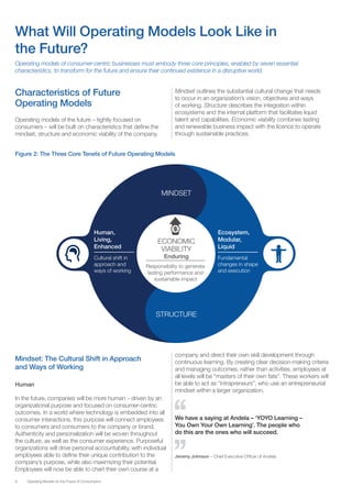 8 Operating Models for the Future of Consumption
Characteristics of Future
Operating Models
Operating models of the future – tightly focused on
consumers – will be built on characteristics that define the
mindset, structure and economic viability of the company.
Figure 2: The Three Core Tenets of Future Operating Models
What Will Operating Models Look Like in
the Future?
Operating models of consumer-centric businesses must embody three core principles, enabled by seven essential
characteristics, to transform for the future and ensure their continued existence in a disruptive world.
Cultural shift in
approach and
ways of working
Fundamental
changes in shape
and execution
Human,
Living,
Enhanced
Ecosystem,
Modular,
Liquid
Responsibility to generate
lasting performance and
sustainable impact
ECONOMIC
VIABILITY
Enduring
company and direct their own skill development through
continuous learning. By creating clear decision-making criteria
and managing outcomes, rather than activities, employees at
all levels will be “masters of their own fate”. These workers will
be able to act as “intrapreneurs”, who use an entrepreneurial
mindset within a larger organization.
We have a saying at Andela – ‘YOYO Learning –
You Own Your Own Learning’. The people who
do this are the ones who will succeed.
Jeremy Johnson – Chief Executive Officer of Andela
Mindset outlines the substantial cultural change that needs
to occur in an organization’s vision, objectives and ways
of working. Structure describes the integration within
ecosystems and the internal platform that facilitates liquid
talent and capabilities. Economic viability combines lasting
and renewable business impact with the licence to operate
through sustainable practices.
Mindset: The Cultural Shift in Approach
and Ways of Working
Human
In the future, companies will be more human – driven by an
organizational purpose and focused on consumer-centric
outcomes. In a world where technology is embedded into all
consumer interactions, this purpose will connect employees
to consumers and consumers to the company or brand.
Authenticity and personalization will be woven throughout
the culture, as well as the consumer experience. Purposeful
organizations will drive personal accountability, with individual
employees able to define their unique contribution to the
company’s purpose, while also maximizing their potential.
Employees will now be able to chart their own course at a
MINDSET
STRUCTURE
 