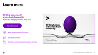 Learn more
Striking balance with
whole-brain leadership
New Rules of Engagement for the C-suite
Read the report
www.accenture.com/strategy
@AccentureStrat
linkedin.com/company/accenture-strategy
 