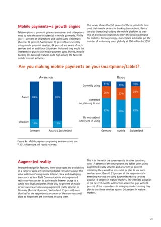 Mobile payments—a growth engine
Telecom players, payment gateway companies and enterprises
need to note the growth potential in mobile payments. While
only 11 percent of smartphone and tablet users in Germany
(Austria: 13 percent, Switzerland: 10 percent) are currently
using mobile payment services, 84 percent are aware of such
services and an additional 28 percent indicated they would be
interested or plan to use mobile payment apps. Indeed, mobile
banking (m-banking) features quite high among the favored
mobile Internet activities.

The survey shows that 50 percent of the respondents have
used their mobile device for banking transactions. Banks
are also increasingly adding the mobile platform to their
mix of distribution channels to meet the growing demand
for mobility. Not surprisingly, marketplace estimates put the
number of m-banking users globally at 500 million by 2010.

Are you making mobile payments on your smartphone/tablet?
Awareness

Usage

Unaware

84%

85%

16%
Germany

15%

13%
27%

62%

Aware

11%
26%

60%

62%

Germany

Currently using

Austria

Switzerland

10%
28%

Interested
or planning to use

Do not use/not
interested in using

Austria / Switzerland

Source: Mobile payments—growing awareness and use.
Figure 4a.Mobile Web Watch Survey, 2012
© Base: All respondents using smartphone or tablet to access the Internet
2012 Accenture. All rights reserved.
(n=10,815)

Augmented reality
Improved navigation features, lower data costs and availability
of a range of apps are convincing digital consumers about the
value addition of using mobile Internet. New and developing
areas such as Near Field Communications and augmented
reality services are set to push mobile Internet usage to a
whole new level altogether. While only 10 percent of mobile
device owners are also using augmented reality services in
Germany (Austria: 8 percent, Switzerland: 13 percent) more
than half of the respondents are aware of these services and
close to 40 percent are interested in using them.

This is in line with the survey results in other countries,
with 17 percent of the smartphone and tablet users using
augmented reality services and a further 50 percent
indicating they would be interested or plan to use such
services soon. Overall, 23 percent of the respondents in
emerging markets are using augmented reality services
against 14 percent in mature markets. The intended adoption
in the next 12 months will further widen this gap, with 26
percent of the respondents in emerging markets saying they
plan to use these services against 20 percent in mature
markets.

21

 