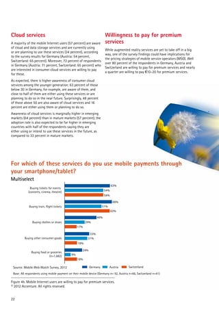 Cloud services

Willingness to pay for premium
services

A majority of the mobile Internet users (57 percent) are aware
of cloud and data storage services and are currently using
or are planning to use these services (34 percent), according
to the survey results for Germany (Austria: 54 percent,
Switzerland: 65 percent). Moreover, 72 percent of respondents
in Germany (Austria: 71 percent, Switzerland: 65 percent) who
are interested in consumer cloud services are willing to pay
for these.

While augmented reality services are yet to take off in a big
way, one of the survey findings could have implications for
the pricing strategies of mobile service operators (MSO). Well
over 80 percent of the respondents in Germany, Austria and
Switzerland are willing to pay for premium services and nearly
a quarter are willing to pay €10–20 for premium services.

As expected, there is higher awareness of consumer cloud
services among the younger generation: 63 percent of those
below 30 in Germany, for example, are aware of them, and
close to half of them are either using these services or are
planning to do so in the near future. Surprisingly, 48 percent
of those above 50 are also aware of cloud services and 16
percent are either using them or planning to do so.
Awareness of cloud services is marginally higher in emerging
markets (64 percent) than in mature markets (57 percent); the
adoption rate is also expected to be far higher in emerging
countries with half of the respondents saying they are
either using or intend to use these services in the future, as
compared to 33 percent in mature markets.

For which of these services do you use mobile payments through
your smartphone/tablet?
Multiselect
63%

Buying tickets for events
(concerts, cinema, theatre)

54%
54%
66%
51%

Buying train, flight tickets

63%
46%
29%

Buying clothes or shoes

17%
33%
31%

Buying other consumer goods

18%
Buying food or groceries
(n=1,682)

Source: Mobile Web Watch Survey, 2012

24%
9%
18%
Germany

Austria

Switzerland

Base: All respondents using mobile payment on their mobile device (Germany n= 92, Austria n=66, Switzerland n=41)

Figure 4b. Mobile Internet users are willing to pay for premium services.
© 2012 Accenture. All rights reserved.
22

 