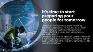Technology innovations have been transforming
industries and companies for decades. But the latest
wave of intelligent machines will fundamentally
reshape what kind of supply chain work gets done,
how and by whom.
Companies that can most effectively use the combination
of human ingenuity and intelligent machines will be best
positioned to achieve the competitive agility they need to
win in the years ahead.
It's time to start
preparing your
people for tomorrow
Copyright © 2021 Accenture. All rights reserved. 12
 