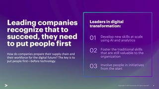 How do companies prepare their supply chain and
their workforce for the digital future? The key is to
put people first—before technology.
Leading companies
recognize that to
succeed, they need
to put people first
8
Leaders in digital
transformation:
Develop new skills at scale
using AI and analytics
Foster the traditional skills
that are still valuable to the
organization
Involve people in initiatives
from the start
01
02
03
 