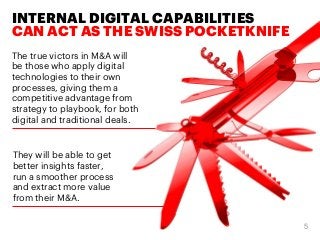 INTERNAL DIGITAL CAPABILITIES
CAN ACT AS THE SWISS POCKETKNIFE
The true victors in M&A will
be those who apply digital
tec...