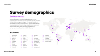 31 Countries
1 Argentina
2 Australia
3 Austria
4 Brazil
5 Canada
6 Chile
7 China
8 Colombia
9 Finland
10 France
11 Germany
12 India
13 Indonesia
14 Ireland
15 Italy
16 Japan
17 Malaysia
18 Mexico
19 Norway
20 Peru
21 Portugal
22 Saudi Arabia
23 Singapore
24 South Africa
25 Spain
26 Sweden
27 Switzerland
28 Thailand
29	United Arab
Emirates
30 United Kingdom
31 United States
Survey demographics
Business survey
Accenture Research conducted a global survey of 6,241
business and IT executives to capture insights into the adoption
and use of emerging technologies. The survey, fielded from
December 2020 through January 2021, helped identify the key
issues and priorities for technology adoption and investment.
Respondents were C-level executives and directors at
companies across 31 countries and 14 industries.
27
Technology Vision 2021
Leaders Wanted #techvision2021
 