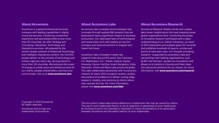 About Accenture
Accenture is a global professional services
company with leading capabilities in digital,
cloud and security. Combining unmatched
experience and specialized skills across more
than 40 industries, we offer Strategy and
Consulting, Interactive, Technology and
Operations services—all powered by the
world’s largest network of Advanced Technology
and Intelligent Operations centers. Our 514,000
people deliver on the promise of technology and
human ingenuity every day, serving clients in
more than 120 countries. We embrace the power
of change to create value and shared success for
our clients, people, shareholders, partners and
communities. Visit us at www.accenture.com
About Accenture Labs
Accenture Labs incubates and prototypes new
concepts through applied RD projects that are
expected to have a significant impact on business
and society. Our dedicated team of technologists
and researchers work with leaders across the
company and external partners to imagine and
invent the future.
Accenture Labs is located in seven key
research hubs around the world: San Francisco,
CA; Washington, D.C.; Dublin, Ireland; Sophia
Antipolis, France; Herzliya, Israel; Bangalore, India;
Shenzhen, China and Nano Labs across the globe.
The Labs collaborates extensively with Accenture’s
network of nearly 400 innovation centers, studios
and centers of excellence to deliver cutting-edge
research, insights, and solutions to clients where
they operate and live. For more information,
please visit www.accenture.com/labs
About Accenture Research
Accenture Research shapes trends and creates
data-driven insights about the most pressing issues
global organizations face. Combining the power
of innovative research techniques with a deep
understanding of our clients’ industries, our team
of 300 researchers and analysts spans 20 countries
and publishes hundreds of reports, articles and
points of view every year. Our thought-provoking
research—supported by proprietary data and
partnerships with leading organizations, such
as MIT and Harvard—guides our innovations and
allows us to transform theories and fresh ideas
into real-world solutions for our clients. For more
information, visit www.accenture.com/research
Copyright © 2021 Accenture.
All rights reserved.
Accenture and its logo are
trademarks of Accenture.
This document makes descriptive reference to trademarks that may be owned by others.
The use of such trademarks herein is not an assertion of ownership of such trademarks
by Accenture and is not intended to represent or imply the existence of an association
between Accenture and the lawful owners of such trademarks.
 
