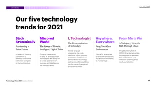 Our five technology
trends for 2021
Mirrored
World
The Power of Massive,
Intelligent, Digital Twins
I, Technologist
The Democratization
of Technology
Anywhere,
Everywhere
Bring Your Own
Environment
From Me to We
A Multiparty System’s
Path Through Chaos
Stack
Strategically
Architecting a
Better Future
A new era of industry
competition is
dawning—one where
companies compete
on their architecture.
Growing investments
in data, AI, and digital twin
technologies are giving rise
to a new generation of
business and intelligence:
the mirrored world.
Natural language
processing, low-code
platforms, robotic process
automation, and more are
democratizing technology,
putting powerful capabilities
into the hands of people all
across the business.
It’s time for enterprises
to transform remote work
from an accommodation,
to an advantage.
The global disruption of
COVID-19 ignited a scramble
for enterprises to reimagine
their partnerships—and
multiparty systems gained
newfound attention.
3 4 5
2
1
19
Technology Vision 2021 | Leaders Wanted
#techvision2021
Introduction
 