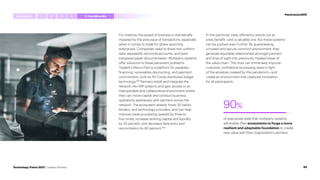 For instance, the speed of business is dramatically
impaired by the slow pace of transactions, especially
when it comes to trade for globe-spanning
enterprises. Companies need to share non-uniform
data, repeatedly reconcile accounts, and even
transpose paper documentation. Multiparty systems
offer solutions to these persistent problems.
TradeIX’s Marco Polo is a platform for payables
financing, receivables discounting, and payment
commitment, built on R3 Corda distributed ledger
technology.123
Partners install and integrate the
network into ERP systems and gain access to an
interoperable and collaborative environment where
they can move capital and conduct business
operations seamlessly with partners across the
network. The ecosystem already hosts 30 banks,
lenders, and technology providers, and can help
improve trade processing speeds by three to
four times, increase working capital and liquidity
by 20 percent, and decrease data entry and
reconciliation by 80 percent.124
In this particular case, efficiency stands out as
a key benefit—and a valuable one. But these systems
can be pushed even further. By guaranteeing
a trusted and secure common environment, they
generate equitable relationships amongst partners
and lines of sight into previously masked areas of
the value chain. This trust can immensely improve
customer confidence (a pressing need in light
of the anxieties created by the pandemic)—and
create an environment that catalyzes innovation
for all participants.
of executives state that multiparty systems
will enable their ecosystems to forge a more
resilient and adaptable foundation to create
new value with their organization’s partners.
90%
#techvision2021
Introduction 4
1 2 3 5 FromMetoWe
93
Technology Vision 2021 | Leaders Wanted
 