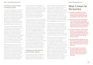 Trend 6 - Orchestrated analytical security                                                                                                                    Accenture Technology Vision 2012


Increasingly connected means
increasingly exposed
                                                  monitoring system as the cyber-gateway.19
                                                  The manufacturing sector is perhaps the most
                                                                                                        move from monitoring to understanding; from
                                                                                                        collection of data to visualization of behaviors      What it means for
In many IT security departments, the tendency
                                                  vulnerable to such attacks; in one case, an Italian
                                                  security researcher recently disclosed a security
                                                                                                        and anomalies. That means, for instance,
                                                                                                        moving from simply maintaining a list of system       the business
is to prepare for yesterday’s threats rather      vulnerability in a control system used for yogurt     administrators to flagging the creation of new
than today’s and tomorrow’s—and to tackle         production. At the time of the disclosure,            sysadmin positions. It also calls for a shift from    • Increased vulnerability as a result
known security weaknesses without exploring       another researcher, a university student,             an asset view to a process- and data-centric            of many more connections such as
those as yet unknown. The weaknesses that         was able to identify 250 vulnerable systems           view of what’s happening in the networks. An            industrial control systems that were
are much in the news these days are concerns      using only simple online search engines.20            example: moving from monitoring what badges             not designed to repel cyber-attacks
about the risks of extending the enterprise                                                             have access to which areas toward monitoring
                                                  Given the convergence of security threats today,      how often badges are used to attempt to get into      • Increased need to prioritize the risks
through cloud computing and mobility
                                                  it is a good thing that there is momentum behind      areas the badge holders don’t have access to.           of IT security breaches; specifically,
systems. Both are among the top five reasons
                                                  remediation efforts. The IT security community—                                                               learn to identify and highlight the data,
why organizations’ security functions have
                                                  from the U.S. government’s Los Alamos National        In reality, of course, it is impractical to do this     systems, and initiatives that are critical
become more complex in the last few years.18
                                                  Laboratory to software vendors such as EMC—is         using only traditional IT security approaches.          to the business, and do so regularly to
Yet the cloud and smartphones are the least       working hard to push analytics out to the edges       Conventional perimeter defense is the first line        keep their security strategies current
of it. Organizations are becoming increasingly    of their networks to better monitor and detect        of defense, but once threats have breached the
exposed because they are increasingly             threats. McAfee snapped up NitroSecurity, a           perimeter, current approaches are not sufficient      • Increased involvement of the business
connected. Legacy systems that were never         spinoff from Idaho National Laboratory that           by themselves. Nor will these complex and               functions in security given that only
designed for a connected world have been          offers a security platform for industrial controls,   constantly changing challenges be met by                they can properly articulate the risks
brought online, opening up further weak           a nontraditional security weakness. And venture       discrete systems that secure specific data assets       to their critical business processes and
points. Nontraditional systems such as building   capital groups are investing in start-ups that        or specific technologies such as e-mail scanning.       identify the irregularities that may
controls, manufacturing controls, and power       aim to manage the risks of nontraditional IT                                                                  indicate a breach
                                                  environments—from anti-tamper technologies            We predict that to better understand their risks
distribution networks are also connected,
                                                  for industrial control systems to embedded            and to detect attacks security organizations
and IP-enabled devices in the home, car, and                                                                                                                  • Increased need for collaboration with
                                                  devices that shield the smart cards in your wallet    will increasingly turn to data platform
pocket open up further opportunities for                                                                                                                        IT security; by aligning their strategies,
                                                  from remote access. Leading organizations             technologies—technologies that provide access
attackers to exploit personal technologies.                                                                                                                     they can help to ensure that security
                                                  will recognize the expanded role of security in       to and aggregation of data via services. The
                                                                                                        data platform will allow security to easily handle      does not become a barrier to business
Since IT security was never a part of these       supporting the extended enterprise and seek
                                                                                                        large volumes of fast-changing data—orders of           objectives
systems’ original requirements, many are          ways to integrate these new techniques and
wide open to attack in the context of the new     tools into their holistic security architecture.      magnitude greater in scale than traditional log
                                                                                                        analysis. It will also make it easier to harness      • New prioritization of information
connected world. The warning shots are being
                                                                                                                                                                security as a board-level concern;
fired: recently, the Internet was awash with      Leveraging new data platforms                         new forms of data from the unstructured world,
                                                                                                                                                                business leaders must be ready for
reports of attacks on water-utility pumping                                                             opening up additional opportunities for security
                                                  to better detect incidents                            analysis. These platforms will help organizations       the shift to higher levels of security
infrastructure in the United States, including
                                                                                                        acquire a new understanding of their risk               awareness and actions across the
one attack that may have done physical            Security incidents will happen. The only way to
                                                                                                        landscapes, explore their data in new ways, and         enterprise
damage. And a few years ago, other hackers        minimize the damage is to detect when they
penetrated a car’s main communication bus         happen. To deal with the complex and ever-            create more timely detection and responses
using the vehicle’s wireless tire-pressure-       changing array of threats, organizations must         to improve the confidence of the business.


                                                                                                                                                                                                         39
 