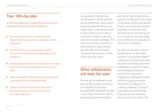 Trend 4. Seamless Collaboration                                                                                         Accenture Technology Vision 2013




Your 100-day plan                                                 a component of Boeing’s new              and find the right answers to their
                                                                  787 Dreamliner—has the ability to        questions directly within the context
In 100 days, redefine your collaboration strategy; prior-         provide newsfeeds to which service       of their work, they’ll quickly become
itize based on business process enablement.                       teams can subscribe. Allowing the        smarter, more responsive, and more
                                                                  engine itself to automatically share     productive. It will be clear who’s
                                                                  its status allows service teams to       participating and contributing, just
•	 Catalog the tools that are currently being used 		             more easily maintain it, reducing        as it is on social-media sites today,
	 (supported and unsupported) to collaborate across the 	         cost and increasing its lifespan. “The   and it will be easy for employees to
	organization.                                                    idea of connecting a machine to a        reach out for information.
                                                                  social network is really exciting,”
•	 Determine a set of quantifiable business metrics 		            says GE’s CMO, Beth Comstock.            But that’s just the start of what’s
	 to measure the success of your collaboration services 	         “Social will help us deliver a better    possible. As part of the broader
	architecture.                                                    engine than ever before.” v              movement to consolidate siloed IT
                                                                                                           capabilities into business processes,
•	 Identify and prioritize business processes where increased 	                                            we expect to see deeper and more
	 productivity through collaboration will drive the most 	                                                 widespread convergence of search
	value.                                                           What collaboration                       and knowledge-management
                                                                  will look like soon                      activities that complement
•	 Deploy collaboration to the highest-priority processes to 	                                             collaboration: effectively funneling
	 create demand for additional deployments.                       The new face of collaboration will       and filtering large amounts of
                                                                  show up first as social interactions     information to employees. The
•	 Review and implement preliminary incentives for 		             are integrated into business             underlying challenge is to create
	 behaviors, evaluations, and personal metrics to                 processes. When employees are able       a user experience that will help
	 encourage collaboration.                                        to chat, share information, identify     employees get the information
                                                                  specialists, get recommendations,        they need when they need it. The


50
 