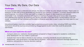 #TechVision
Technology Vision 2023 | When Atoms meet Bits
#TechVision
Technology Vision 2023 | When Atoms meet Bits
Your Data, My Data, Our Data
Challenges
As more personal data is collected and utilized, the risk and number of cyber attacks increase. There is also an
explosion of data that is being generated and stored on your campus IT systems. To protect sensitive data and
avoid breaches, it is critical to train your staff to mitigate the impact of data breaches and maintain
stakeholder trust. Complete solutions will require an overhaul of proper data governance, data integration,
and cybersecurity controls. By involving your faculty and staff in this data-driven transformation from the
outset, everybody will feel included and be able to influence what data is used in ways that work best for your
campus.
Educational leaders must also consider legal protections around student data, including FERPA and HIPAA.
Institutions should be cautious around sharing disaggregated student data that could be personally
identifiable.
11
What can your institution do now?
- Compare what your institution shared publicly compared to those in regional or academic conference –
what dashboards can you create or publicize?
- Evaluate how internal data is shared on your campus, including standards around cybersecurity
assessments, data governance, and data democratization – how can your institution leverage digital tools,
analytics, and policies to improve decision-making?
 