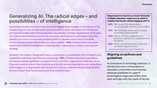 #TechVision
Technology Vision 2023 | When Atoms meet Bits
#TechVision
Technology Vision 2023 | When Atoms meet Bits
~20% Plan to use AI themselves to that they
can better design courses
Generalizing AI: The radical edges – and
possibilities – of intelligence
Foundation models are becoming one of the biggest step changes in the history of AI,
transforming human-AI interaction and how work is done. Generative AI introduces
pre-trained models with remarkable task adaptability. Strategic deployment of AI tools
can reduce administrative burden on university administrators and impact how they
operate and serve constituents, enabling them to devote more time to valuable,
human-based services where they are most needed – 82% of heducation executives
report that Artificial Intelligence is inspiring their organizations’ vision and long-term
strategy.
However, this drastic change will require universities to understand their strengths and
capabilities and track how they are advancing – 69% of higher education executives
anticipate making significant increases in resources their organization dedicates to AI.
They also need to ensure that students and faculty are working side by side using these
technologies in a responsible and transparent manner, understanding how generative
AI tools impact how faculty teach and how students learn.
Aligning on policies and
guidelines
As Generative AI technology advances, it
will become more commonplace in
education. Universities must develop
adequate guidelines to support
technological usage and confirm how
tools will align with the needs of faculty.
Education N= 180
Responses from faculty in a recent Chronicle
of Higher Education reader survey seem to
indicate that faculty will be engaging with AI:
~80% Plan to add information about
how to properly use AI to course syllabi
~70% Plan to change assignments to make
AI-assisted cheating harder
~50% Plan to add AI to assignments so
students understand its capabilities and
limitations
Chronicle of Higher Education: “Caught Off Guard by AI”
13
 