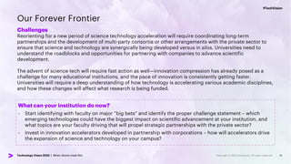 #TechVision
Technology Vision 2023 | When Atoms meet Bits
#TechVision
Technology Vision 2023 | When Atoms meet Bits
Our Forever Frontier
Challenges
Reorienting for a new period of science technology acceleration will require coordinating long-term
partnerships and the development of multi-party consortia or other arrangements with the private sector to
ensure that science and technology are synergically being developed versus in silos. Universities need to
understand the roadblocks and opportunities for partnering with companies to advance scientific
development.
The advent of science tech will require fast action as well—innovation compression has already posed as a
challenge for many educational institutions, and the pace of innovation is consistently getting faster.
Universities will require a deep understanding of how technology is accelerating various academic disciplines,
and how these changes will affect what research is being funded.
19
What can your institution do now?
- Start identifying with faculty on major “big bets” and identify the proper challenge statement – which
emerging technologies could have the biggest impact on scientific advancement at your institution, and
what topics are your faculty driving that will propel strategic partnerships with the private sector?
- Invest in innovation accelerators developed in partnership with corporations – how will accelerators drive
the expansion of science and technology on your campus?
 