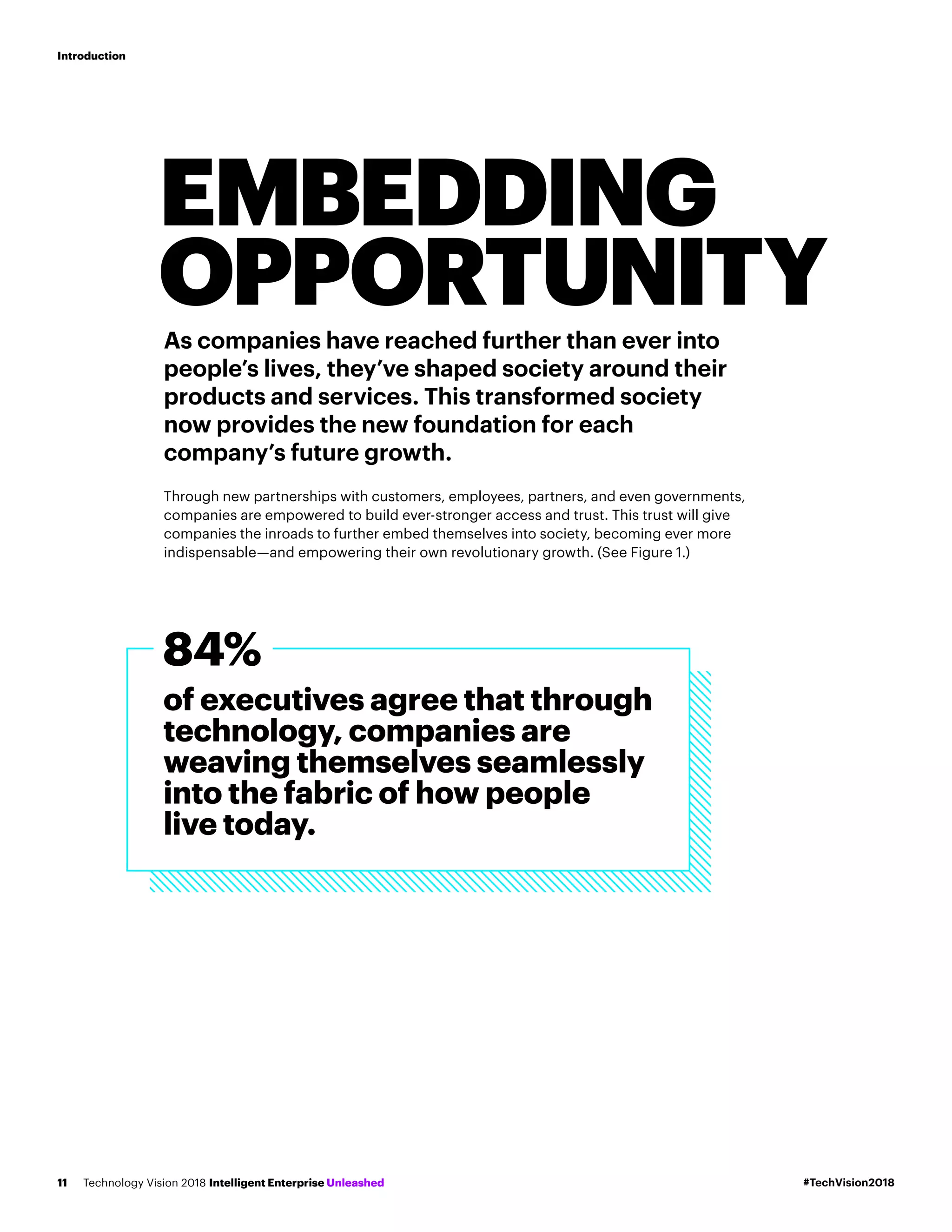 of executives agree that through
technology, companies are
weaving themselves seamlessly
into the fabric of how people
live today.
84%
EMBEDDING
OPPORTUNITYAs companies have reached further than ever into
people’s lives, they’ve shaped society around their
products and services. This transformed society
now provides the new foundation for each
company’s future growth.
Through new partnerships with customers, employees, partners, and even governments,
companies are empowered to build ever-stronger access and trust. This trust will give
companies the inroads to further embed themselves into society, becoming ever more
indispensable—and empowering their own revolutionary growth. (See Figure 1.)
#TechVision2018Technology Vision 2018 Intelligent Enterprise Unleashed11
Introduction
 