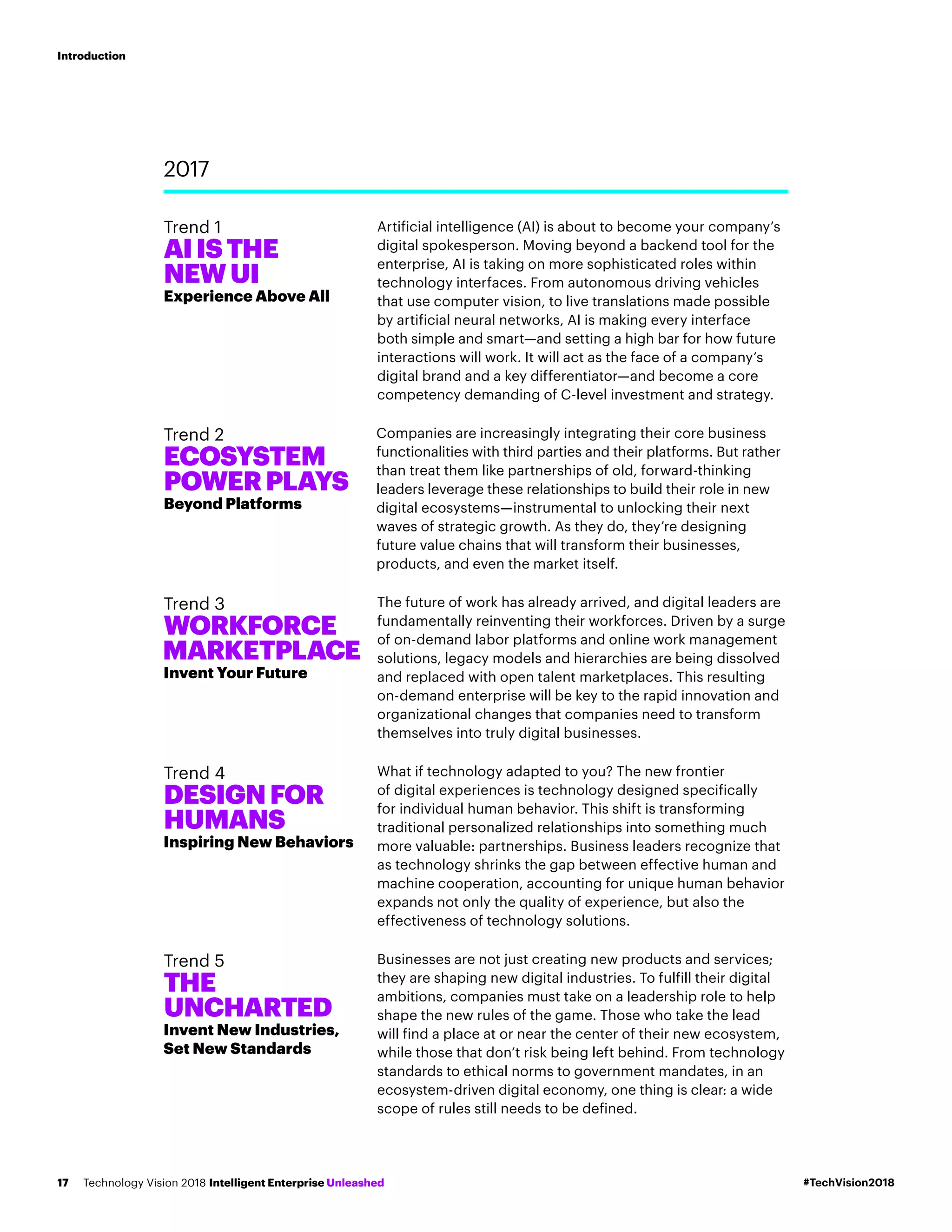 Artificial intelligence (AI) is about to become your company’s
digital spokesperson. Moving beyond a backend tool for the
enterprise, AI is taking on more sophisticated roles within
technology interfaces. From autonomous driving vehicles
that use computer vision, to live translations made possible
by artificial neural networks, AI is making every interface
both simple and smart—and setting a high bar for how future
interactions will work. It will act as the face of a company’s
digital brand and a key differentiator—and become a core
competency demanding of C-level investment and strategy.
Companies are increasingly integrating their core business
functionalities with third parties and their platforms. But rather
than treat them like partnerships of old, forward-thinking
leaders leverage these relationships to build their role in new
digital ecosystems—instrumental to unlocking their next
waves of strategic growth. As they do, they’re designing
future value chains that will transform their businesses,
products, and even the market itself.
The future of work has already arrived, and digital leaders are
fundamentally reinventing their workforces. Driven by a surge
of on-demand labor platforms and online work management
solutions, legacy models and hierarchies are being dissolved
and replaced with open talent marketplaces. This resulting
on-demand enterprise will be key to the rapid innovation and
organizational changes that companies need to transform
themselves into truly digital businesses.
What if technology adapted to you? The new frontier
of digital experiences is technology designed specifically
for individual human behavior. This shift is transforming
traditional personalized relationships into something much
more valuable: partnerships. Business leaders recognize that
as technology shrinks the gap between effective human and
machine cooperation, accounting for unique human behavior
expands not only the quality of experience, but also the
effectiveness of technology solutions.
Businesses are not just creating new products and services;
they are shaping new digital industries. To fulfill their digital
ambitions, companies must take on a leadership role to help
shape the new rules of the game. Those who take the lead
will find a place at or near the center of their new ecosystem,
while those that don’t risk being left behind. From technology
standards to ethical norms to government mandates, in an
ecosystem-driven digital economy, one thing is clear: a wide
scope of rules still needs to be defined.
2017
Trend 1
AIISTHE
NEWUI
Experience Above All
Trend 2
ECOSYSTEM
POWERPLAYS
Beyond Platforms
Trend 3
WORKFORCE
MARKETPLACE
Invent Your Future
Trend 4
DESIGNFOR
HUMANS
Inspiring New Behaviors
Trend 5
THE
UNCHARTED
Invent New Industries,
Set New Standards
#TechVision2018Technology Vision 2018 Intelligent Enterprise Unleashed17
Introduction
 