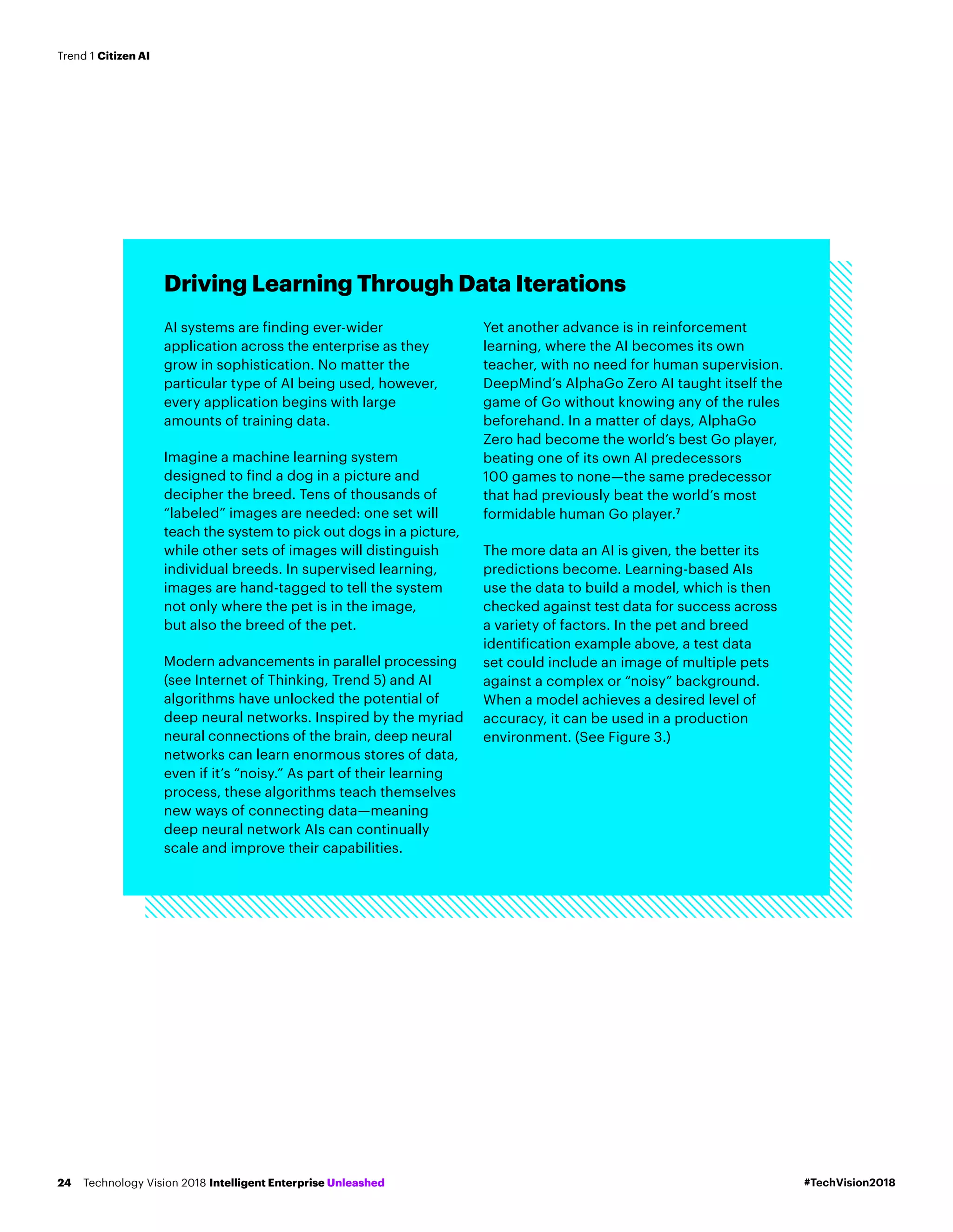 Driving Learning Through Data Iterations
AI systems are finding ever-wider
application across the enterprise as they
grow in sophistication. No matter the
particular type of AI being used, however,
every application begins with large
amounts of training data.
Imagine a machine learning system
designed to find a dog in a picture and
decipher the breed. Tens of thousands of
“labeled” images are needed: one set will
teach the system to pick out dogs in a picture,
while other sets of images will distinguish
individual breeds. In supervised learning,
images are hand-tagged to tell the system
not only where the pet is in the image,
but also the breed of the pet.
Modern advancements in parallel processing
(see Internet of Thinking, Trend 5) and AI
algorithms have unlocked the potential of
deep neural networks. Inspired by the myriad
neural connections of the brain, deep neural
networks can learn enormous stores of data,
even if it’s “noisy.” As part of their learning
process, these algorithms teach themselves
new ways of connecting data—meaning
deep neural network AIs can continually
scale and improve their capabilities.
Yet another advance is in reinforcement
learning, where the AI becomes its own
teacher, with no need for human supervision.
DeepMind’s AlphaGo Zero AI taught itself the
game of Go without knowing any of the rules
beforehand. In a matter of days, AlphaGo
Zero had become the world’s best Go player,
beating one of its own AI predecessors
100 games to none—the same predecessor
that had previously beat the world’s most
formidable human Go player.7
The more data an AI is given, the better its
predictions become. Learning-based AIs
use the data to build a model, which is then
checked against test data for success across
a variety of factors. In the pet and breed
identification example above, a test data
set could include an image of multiple pets
against a complex or “noisy” background.
When a model achieves a desired level of
accuracy, it can be used in a production
environment. (See Figure 3.)
#TechVision2018Technology Vision 2018 Intelligent Enterprise Unleashed24
Trend 1 Citizen AI
 