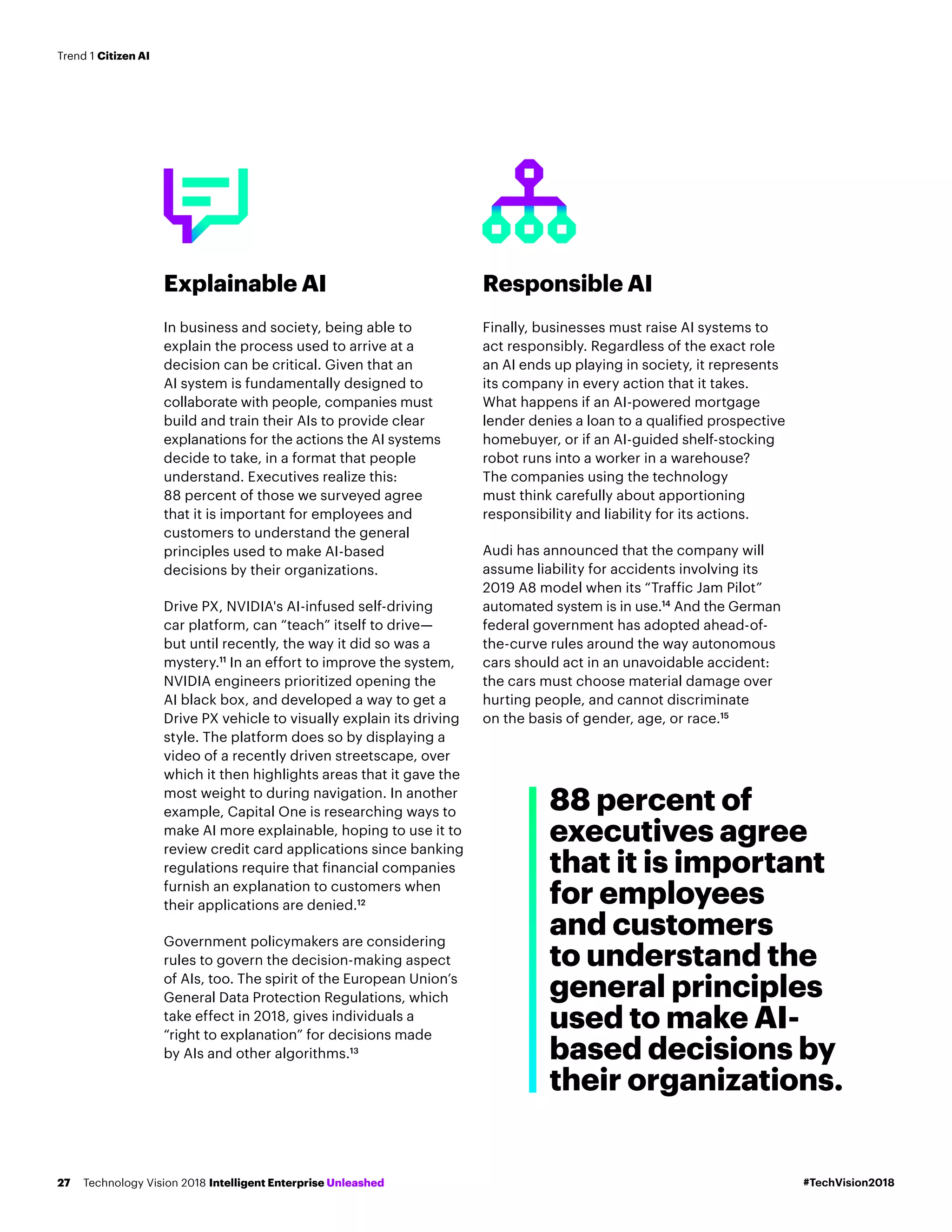 Explainable AI
In business and society, being able to
explain the process used to arrive at a
decision can be critical. Given that an
AI system is fundamentally designed to
collaborate with people, companies must
build and train their AIs to provide clear
explanations for the actions the AI systems
decide to take, in a format that people
understand. Executives realize this:
88 percent of those we surveyed agree
that it is important for employees and
customers to understand the general
principles used to make AI-based
decisions by their organizations.
Drive PX, NVIDIA's AI-infused self-driving
car platform, can “teach” itself to drive—
but until recently, the way it did so was a
mystery.11
In an effort to improve the system,
NVIDIA engineers prioritized opening the
AI black box, and developed a way to get a
Drive PX vehicle to visually explain its driving
style. The platform does so by displaying a
video of a recently driven streetscape, over
which it then highlights areas that it gave the
most weight to during navigation. In another
example, Capital One is researching ways to
make AI more explainable, hoping to use it to
review credit card applications since banking
regulations require that financial companies
furnish an explanation to customers when
their applications are denied.12
Government policymakers are considering
rules to govern the decision-making aspect
of AIs, too. The spirit of the European Union’s
General Data Protection Regulations, which
take effect in 2018, gives individuals a
“right to explanation” for decisions made
by AIs and other algorithms.13
Responsible AI
Finally, businesses must raise AI systems to
act responsibly. Regardless of the exact role
an AI ends up playing in society, it represents
its company in every action that it takes.
What happens if an AI-powered mortgage
lender denies a loan to a qualified prospective
homebuyer, or if an AI-guided shelf-stocking
robot runs into a worker in a warehouse?
The companies using the technology
must think carefully about apportioning
responsibility and liability for its actions.
Audi has announced that the company will
assume liability for accidents involving its
2019 A8 model when its “Traffic Jam Pilot”
automated system is in use.14
And the German
federal government has adopted ahead-of-
the-curve rules around the way autonomous
cars should act in an unavoidable accident:
the cars must choose material damage over
hurting people, and cannot discriminate
on the basis of gender, age, or race.15
88 percent of
executives agree
that it is important
for employees
and customers
to understand the
general principles
used to make AI-
based decisions by
their organizations.
#TechVision2018Technology Vision 2018 Intelligent Enterprise Unleashed27
Trend 1 Citizen AI
 