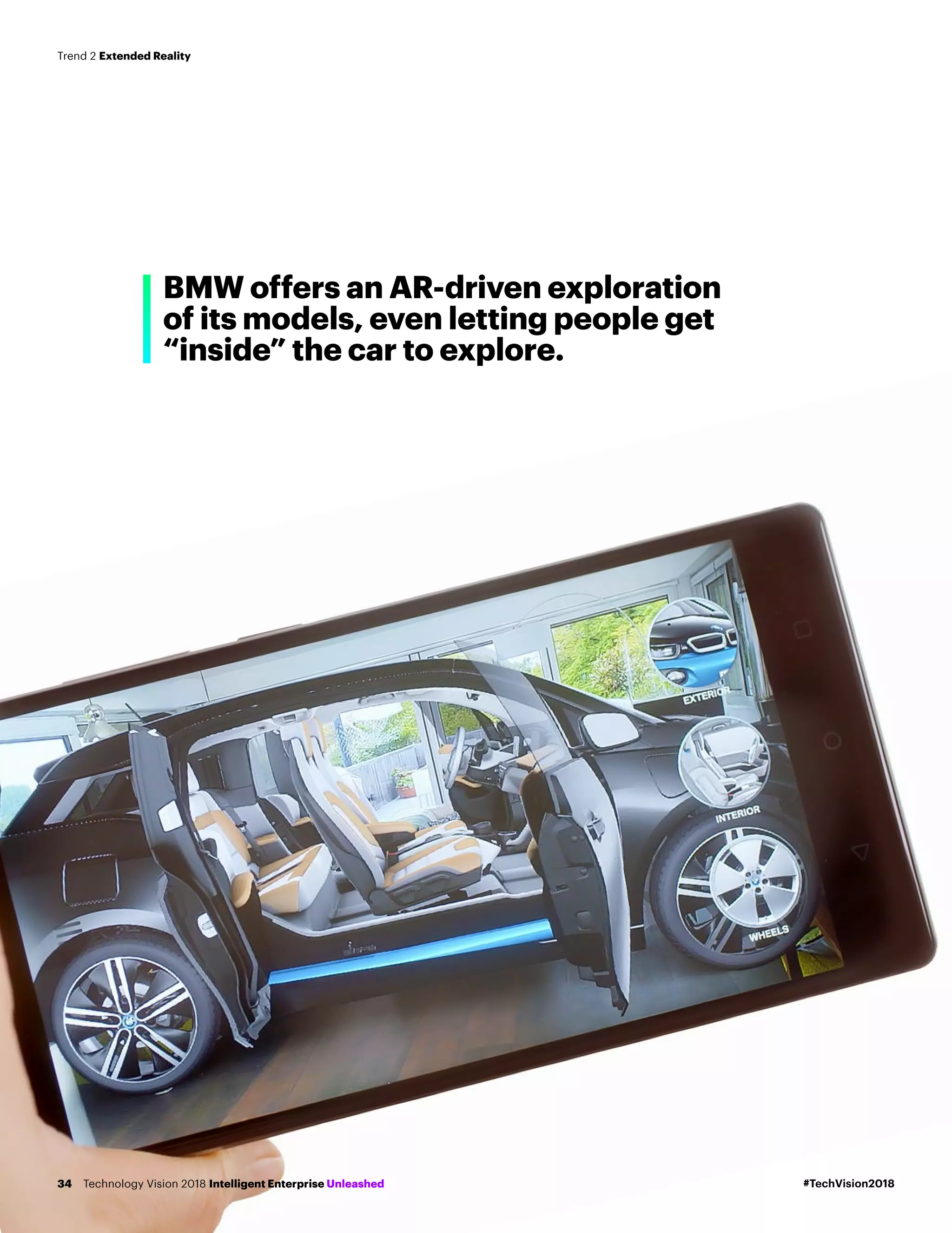 BMW offers an AR-driven exploration
of its models, even letting people get
“inside” the car to explore.
#TechVision2018Technology Vision 2018 Intelligent Enterprise Unleashed34
Trend 2 Extended Reality
 