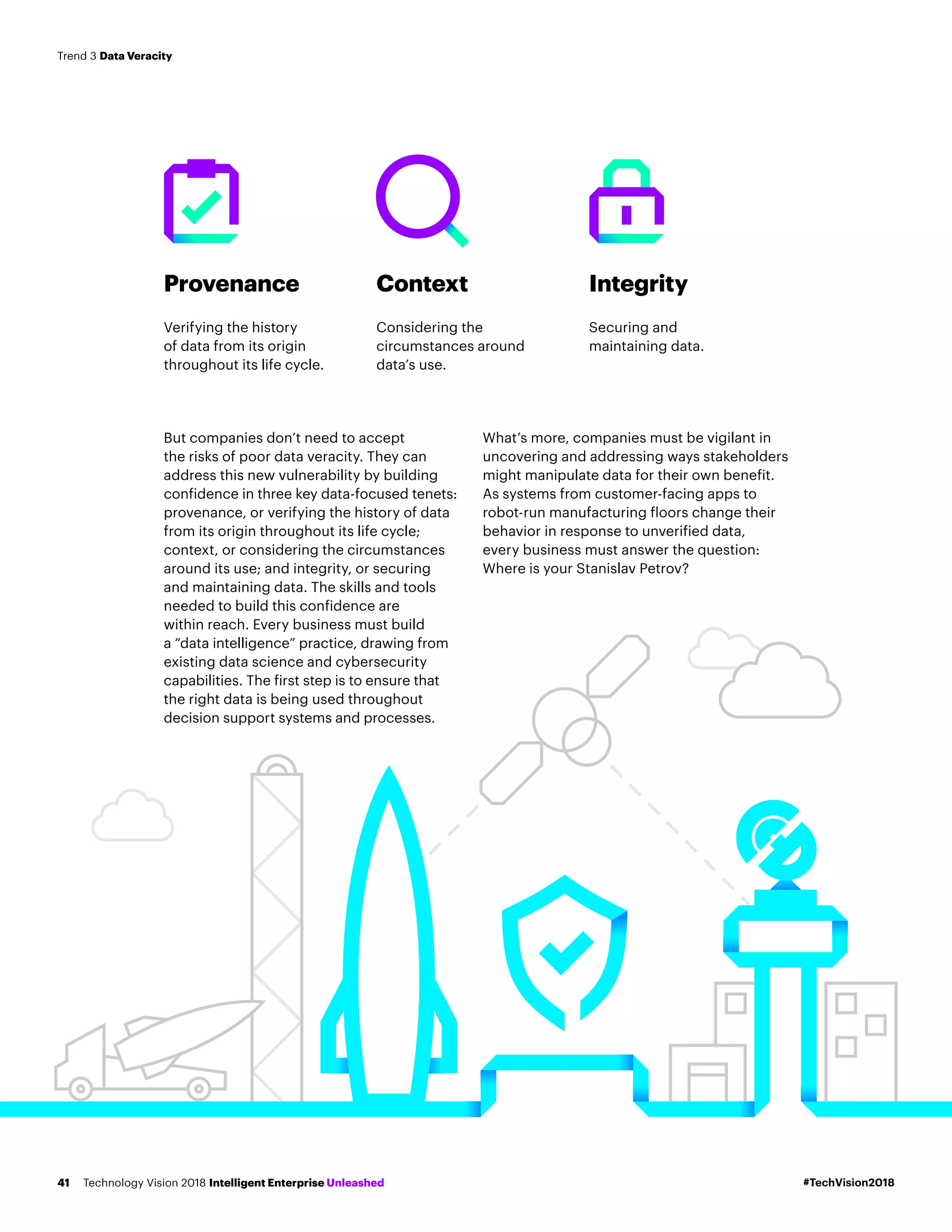 But companies don’t need to accept
the risks of poor data veracity. They can
address this new vulnerability by building
confidence in three key data-focused tenets:
provenance, or verifying the history of data
from its origin throughout its life cycle;
context, or considering the circumstances
around its use; and integrity, or securing
and maintaining data. The skills and tools
needed to build this confidence are
within reach. Every business must build
a “data intelligence” practice, drawing from
existing data science and cybersecurity
capabilities. The first step is to ensure that
the right data is being used throughout
decision support systems and processes.
What’s more, companies must be vigilant in
uncovering and addressing ways stakeholders
might manipulate data for their own benefit.
As systems from customer-facing apps to
robot-run manufacturing floors change their
behavior in response to unverified data,
every business must answer the question:
Where is your Stanislav Petrov?
Provenance
Verifying the history
of data from its origin
throughout its life cycle.
Context
Considering the
circumstances around
data’s use.
Integrity
Securing and
maintaining data.
#TechVision2018Technology Vision 2018 Intelligent Enterprise Unleashed41
Trend 3 Data Veracity
 