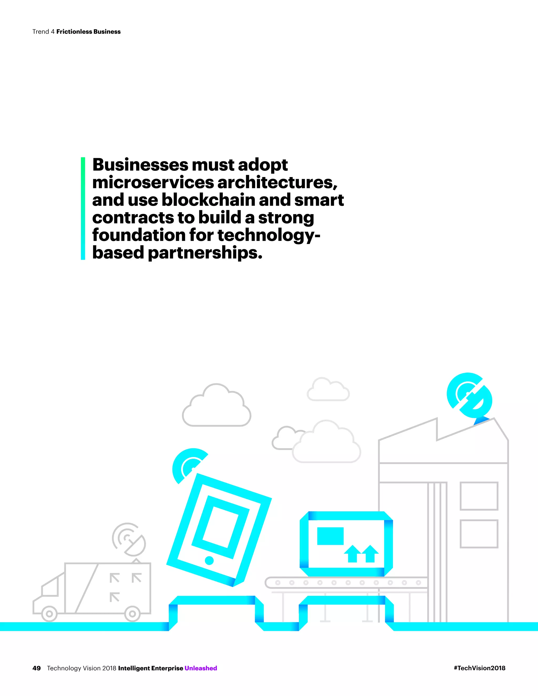 Businesses must adopt
microservices architectures,
and use blockchain and smart
contracts to build a strong
foundation for technology-
based partnerships.
#TechVision2018Technology Vision 2018 Intelligent Enterprise Unleashed49
Trend 4 Frictionless Business
 