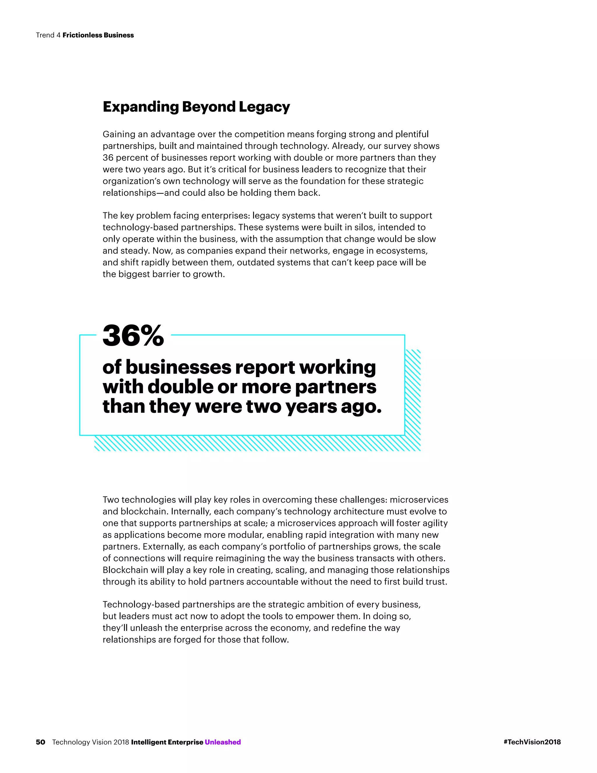 Expanding Beyond Legacy
Gaining an advantage over the competition means forging strong and plentiful
partnerships, built and maintained through technology. Already, our survey shows
36 percent of businesses report working with double or more partners than they
were two years ago. But it’s critical for business leaders to recognize that their
organization’s own technology will serve as the foundation for these strategic
relationships—and could also be holding them back.
The key problem facing enterprises: legacy systems that weren’t built to support
technology-based partnerships. These systems were built in silos, intended to
only operate within the business, with the assumption that change would be slow
and steady. Now, as companies expand their networks, engage in ecosystems,
and shift rapidly between them, outdated systems that can’t keep pace will be
the biggest barrier to growth.
Two technologies will play key roles in overcoming these challenges: microservices
and blockchain. Internally, each company’s technology architecture must evolve to
one that supports partnerships at scale; a microservices approach will foster agility
as applications become more modular, enabling rapid integration with many new
partners. Externally, as each company’s portfolio of partnerships grows, the scale
of connections will require reimagining the way the business transacts with others.
Blockchain will play a key role in creating, scaling, and managing those relationships
through its ability to hold partners accountable without the need to first build trust.
Technology-based partnerships are the strategic ambition of every business,
but leaders must act now to adopt the tools to empower them. In doing so,
they’ll unleash the enterprise across the economy, and redefine the way
relationships are forged for those that follow.
of businesses report working
with double or more partners
than they were two years ago.
36%
#TechVision2018Technology Vision 2018 Intelligent Enterprise Unleashed50
Trend 4 Frictionless Business
 