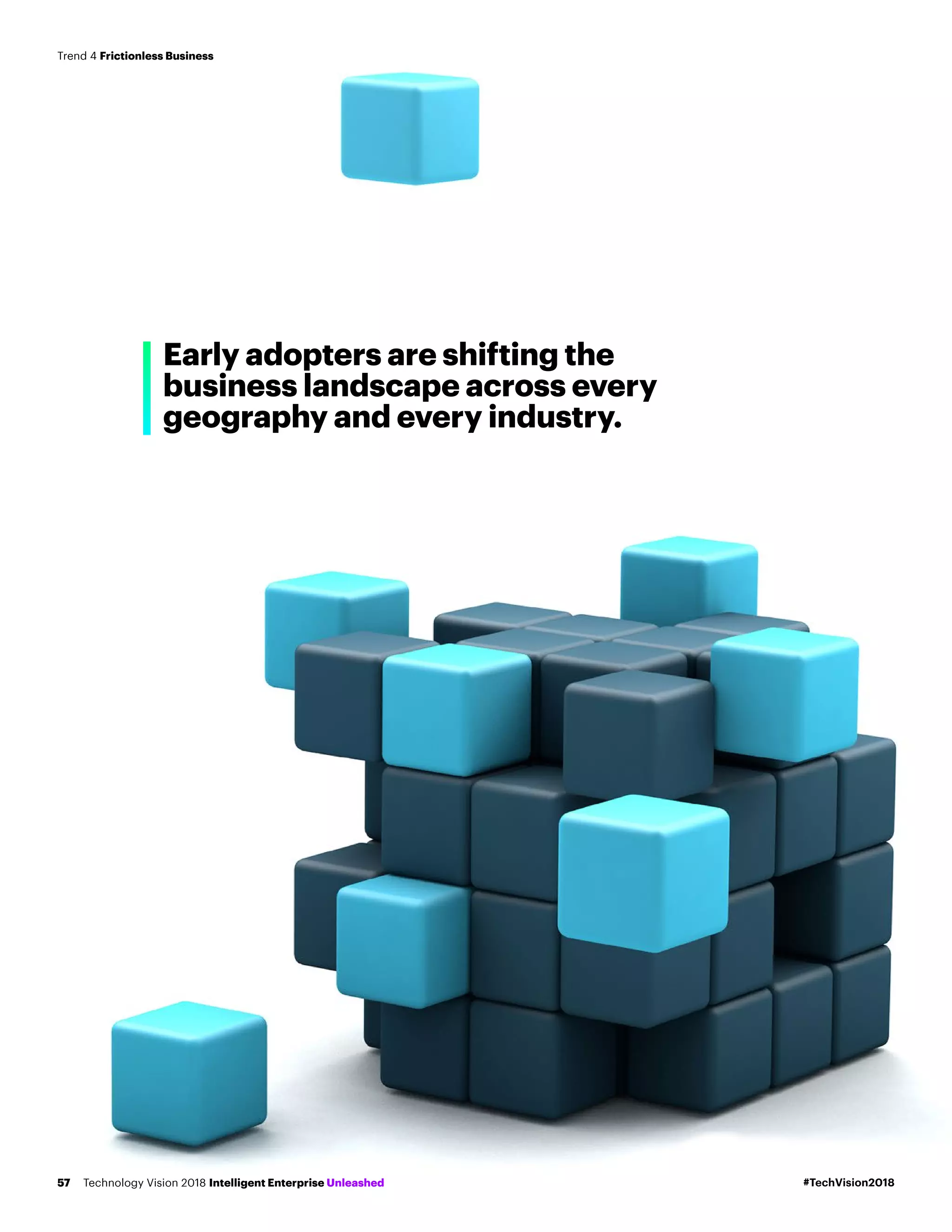 Early adopters are shifting the
business landscape across every
geography and every industry.
#TechVision2018Technology Vision 2018 Intelligent Enterprise Unleashed57
Trend 4 Frictionless Business
 