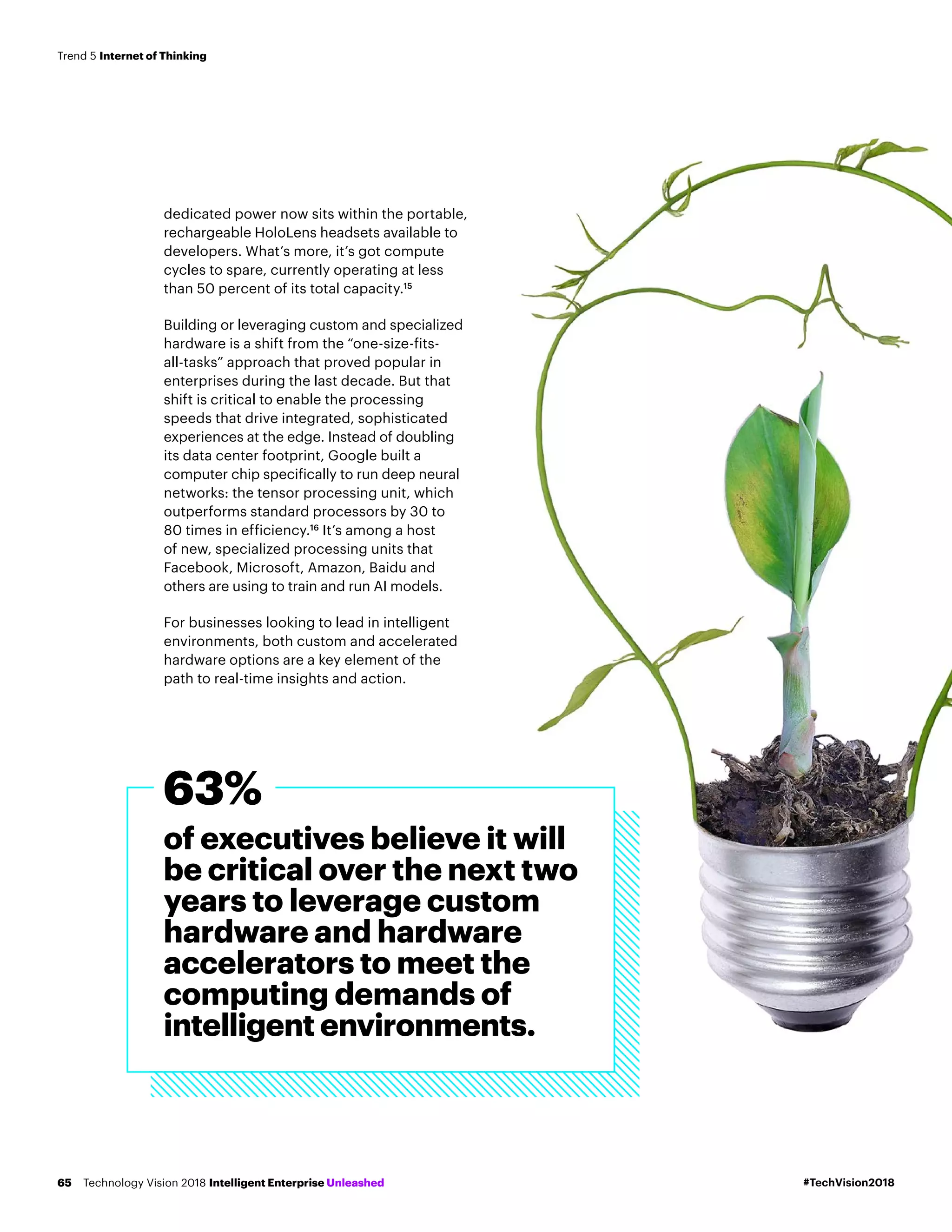 dedicated power now sits within the portable,
rechargeable HoloLens headsets available to
developers. What’s more, it’s got compute
cycles to spare, currently operating at less
than 50 percent of its total capacity.15
Building or leveraging custom and specialized
hardware is a shift from the “one-size-fits-
all-tasks” approach that proved popular in
enterprises during the last decade. But that
shift is critical to enable the processing
speeds that drive integrated, sophisticated
experiences at the edge. Instead of doubling
its data center footprint, Google built a
computer chip specifically to run deep neural
networks: the tensor processing unit, which
outperforms standard processors by 30 to
80 times in efficiency.16
It’s among a host
of new, specialized processing units that
Facebook, Microsoft, Amazon, Baidu and
others are using to train and run AI models.
For businesses looking to lead in intelligent
environments, both custom and accelerated
hardware options are a key element of the
path to real-time insights and action.
of executives believe it will
be critical over the next two
years to leverage custom
hardware and hardware
accelerators to meet the
computing demands of
intelligent environments.
63%
#TechVision2018Technology Vision 2018 Intelligent Enterprise Unleashed65
Trend 5 Internet of Thinking
 