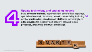 Update technology and operating models
Build software-defined, highly reliable, secure data highways,
specialized network clouds and smart connectivity, including 5G.
Anchor multi-sided, cloud-based platforms increasingly on
edge devices for reliability and security, allowing telcos
presence, proximity and trust advantage.
22Copyright © 2019 Accenture. All rights reserved.
 