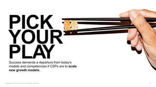 23Copyright © 2019 Accenture. All rights reserved.
Success demands a departure from today’s
models and competencies if CSPs are to scale
new growth models.
PICK
YOUR
PLAY
 