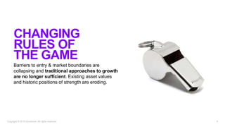 4Copyright © 2019 Accenture. All rights reserved.
Barriers to entry & market boundaries are
collapsing and traditional approaches to growth
are no longer sufficient. Existing asset values
and historic positions of strength are eroding.
CHANGING
RULES OF
THE GAME
 