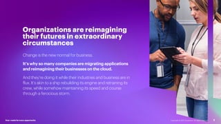 Change is the new normal for business.
It’s why so many companies are migrating applications
and reimagining their businesseson the cloud.
And they’re doing it while their industries and business are in
flux. It’s akin to a ship rebuilding its engine and retraining its
crew, while somehow maintaining its speed and course
through a ferocious storm.
Organizations are reimagining
their futures in extraordinary
circumstances
Ever–readyfor every opportunity Copyright © 2021 Accenture. All rights reserved. 2
 