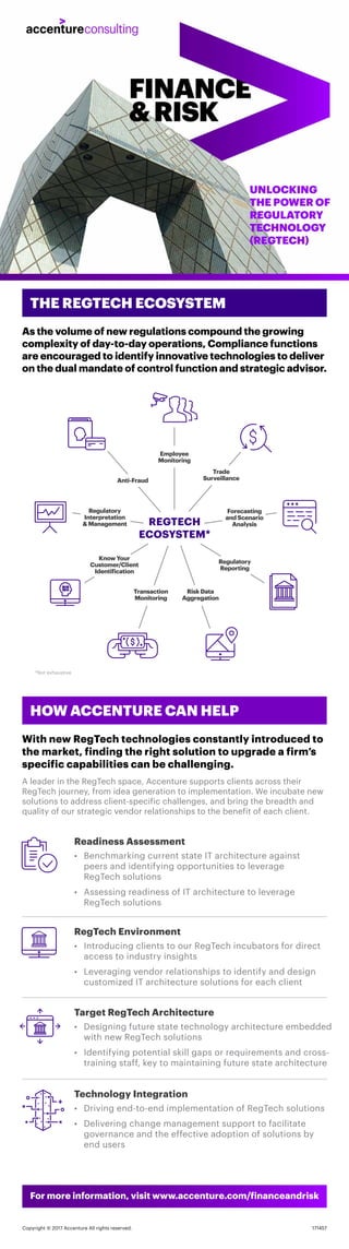 THE REGTECH ECOSYSTEM
As the volume of new regulations compound the growing
complexity of day-to-day operations, Compliance functions
are encouraged to identify innovative technologies to deliver
on the dual mandate of control function and strategic advisor.
HOW ACCENTURE CAN HELP
With new RegTech technologies constantly introduced to
the market, finding the right solution to upgrade a firm’s
specific capabilities can be challenging.
A leader in the RegTech space, Accenture supports clients across their
RegTech journey, from idea generation to implementation. We incubate new
solutions to address client-specific challenges, and bring the breadth and
quality of our strategic vendor relationships to the benefit of each client.
REGTECH
ECOSYSTEM*
Readiness Assessment
• Benchmarking current state IT architecture against
peers and identifying opportunities to leverage
RegTech solutions
• Assessing readiness of IT architecture to leverage
RegTech solutions
RegTech Environment
• Introducing clients to our RegTech incubators for direct
access to industry insights
• Leveraging vendor relationships to identify and design
customized IT architecture solutions for each client
Target RegTech Architecture
• Designing future state technology architecture embedded
with new RegTech solutions
• Identifying potential skill gaps or requirements and cross-
training staff, key to maintaining future state architecture
Technology Integration
• Driving end-to-end implementation of RegTech solutions
• Delivering change management support to facilitate
governance and the effective adoption of solutions by
end users
Copyright © 2017 Accenture All rights reserved. 171457
For more information, visit www.accenture.com/financeandrisk
Employee
Monitoring
Trade
Surveillance
Forecasting
andScenario
Analysis
Regulatory
Reporting
RiskData
Aggregation
Transaction
Monitoring
KnowYour
Customer/Client
Identification
Regulatory
Interpretation
&Management
Anti-Fraud
*Not exhaustive
 