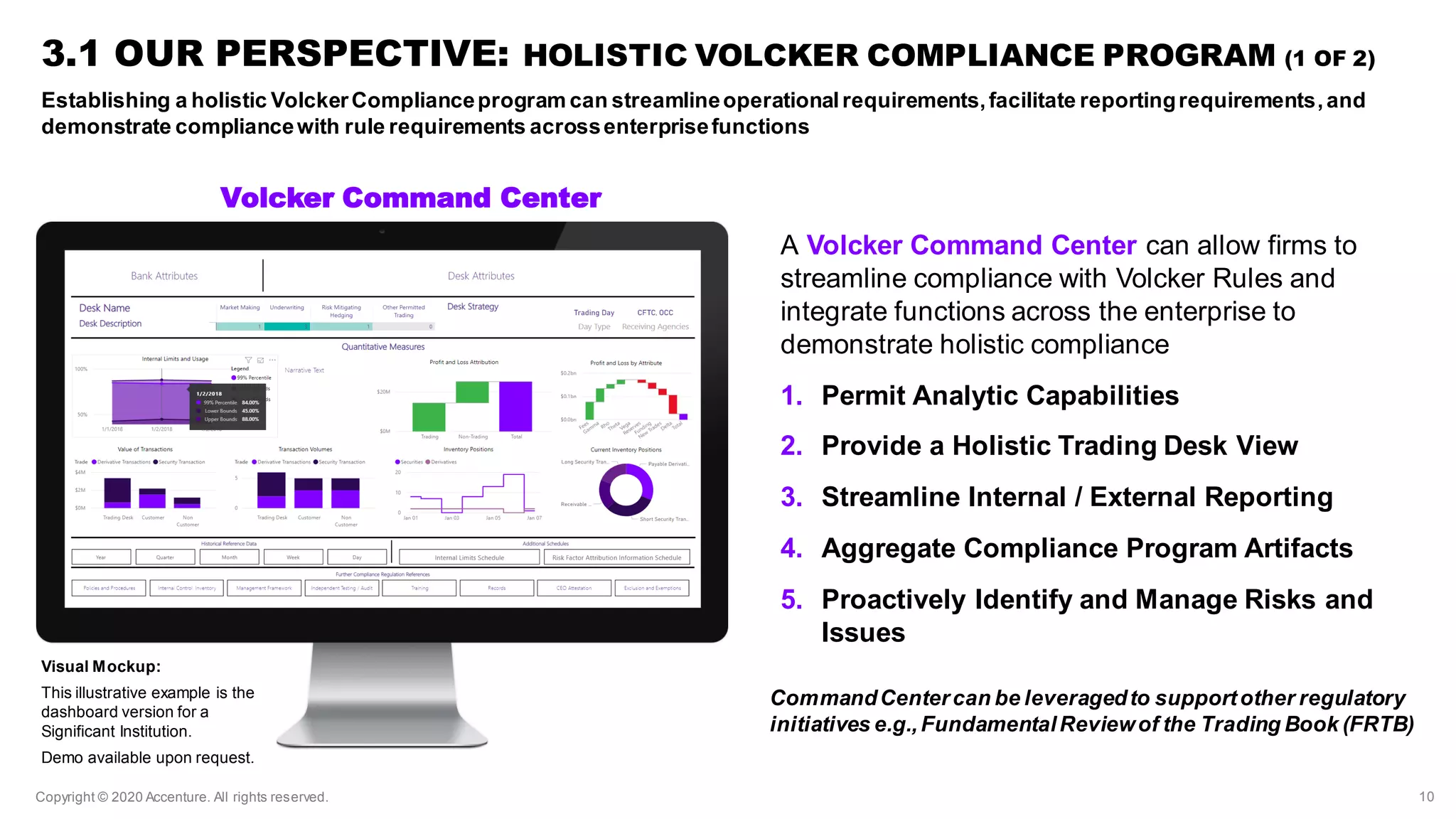 Copyright © 2020 Accenture. All rights reserved. 1010
A Volcker Command Center can allow firms to
streamline compliance with Volcker Rules and
integrate functions across the enterprise to
demonstrate holistic compliance
1. Permit Analytic Capabilities
2. Provide a Holistic Trading Desk View
3. Streamline Internal / External Reporting
4. Aggregate Compliance Program Artifacts
5. Proactively Identify and Manage Risks and
Issues
3.1 OUR PERSPECTIVE: HOLISTIC VOLCKER COMPLIANCE PROGRAM (1 OF 2)
Visual Mockup:
This illustrative example is the
dashboard version for a
Significant Institution.
Demo available upon request.
Volcker Command Center
CommandCentercan be leveragedto supportother regulatory
initiatives e.g.,FundamentalReviewof the Trading Book (FRTB)
Establishing a holistic VolckerComplianceprogram can streamlineoperationalrequirements,facilitate reportingrequirements,and
demonstrate compliancewith rule requirements acrossenterprisefunctions
 