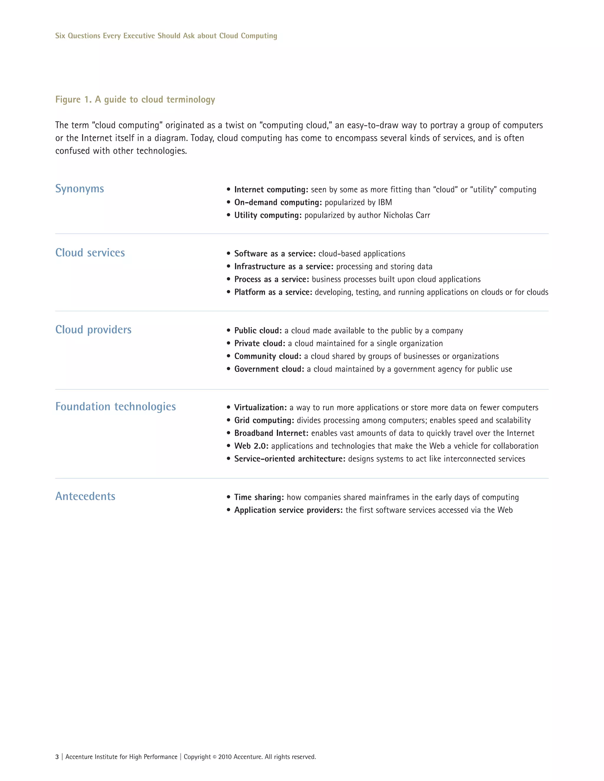 Six Questions Every Executive Should Ask about Cloud Computing




Figure 1. A guide to cloud terminology

The term “cloud computing” originated as a twist on “computing cloud,” an easy-to-draw way to portray a group of computers
or the Internet itself in a diagram. Today, cloud computing has come to encompass several kinds of services, and is often
confused with other technologies.


Synonyms                                                      • Internet computing: seen by some as more fitting than “cloud” or “utility” computing
                                                              • On-demand computing: popularized by IBM
                                                              • Utility computing: popularized by author Nicholas Carr



Cloud services                                                •   Software as a service: cloud-based applications
                                                              •   Infrastructure as a service: processing and storing data
                                                              •   Process as a service: business processes built upon cloud applications
                                                              •   Platform as a service: developing, testing, and running applications on clouds or for clouds



Cloud providers                                               •   Public cloud: a cloud made available to the public by a company
                                                              •   Private cloud: a cloud maintained for a single organization
                                                              •   Community cloud: a cloud shared by groups of businesses or organizations
                                                              •   Government cloud: a cloud maintained by a government agency for public use



Foundation technologies                                       •   Virtualization: a way to run more applications or store more data on fewer computers
                                                              •   Grid computing: divides processing among computers; enables speed and scalability
                                                              •   Broadband Internet: enables vast amounts of data to quickly travel over the Internet
                                                              •   Web 2.0: applications and technologies that make the Web a vehicle for collaboration
                                                              •   Service-oriented architecture: designs systems to act like interconnected services



Antecedents                                                   • Time sharing: how companies shared mainframes in the early days of computing
                                                              • Application service providers: the first software services accessed via the Web




3 | Accenture Institute for High Performance | Copyright © 2010 Accenture. All rights reserved.
 