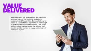 VALUE
DELIVERED
Mercedes-Benz had a fragmented and inefficient
online presence. The company worked with
Accenture and Amazon Web Services to bring its
vision of a unified online experience to life through
a consolidated cloud-based solution. Over three
million unique visitors access the solution each
month, and the number of happy customers only
continues to grow.
 
