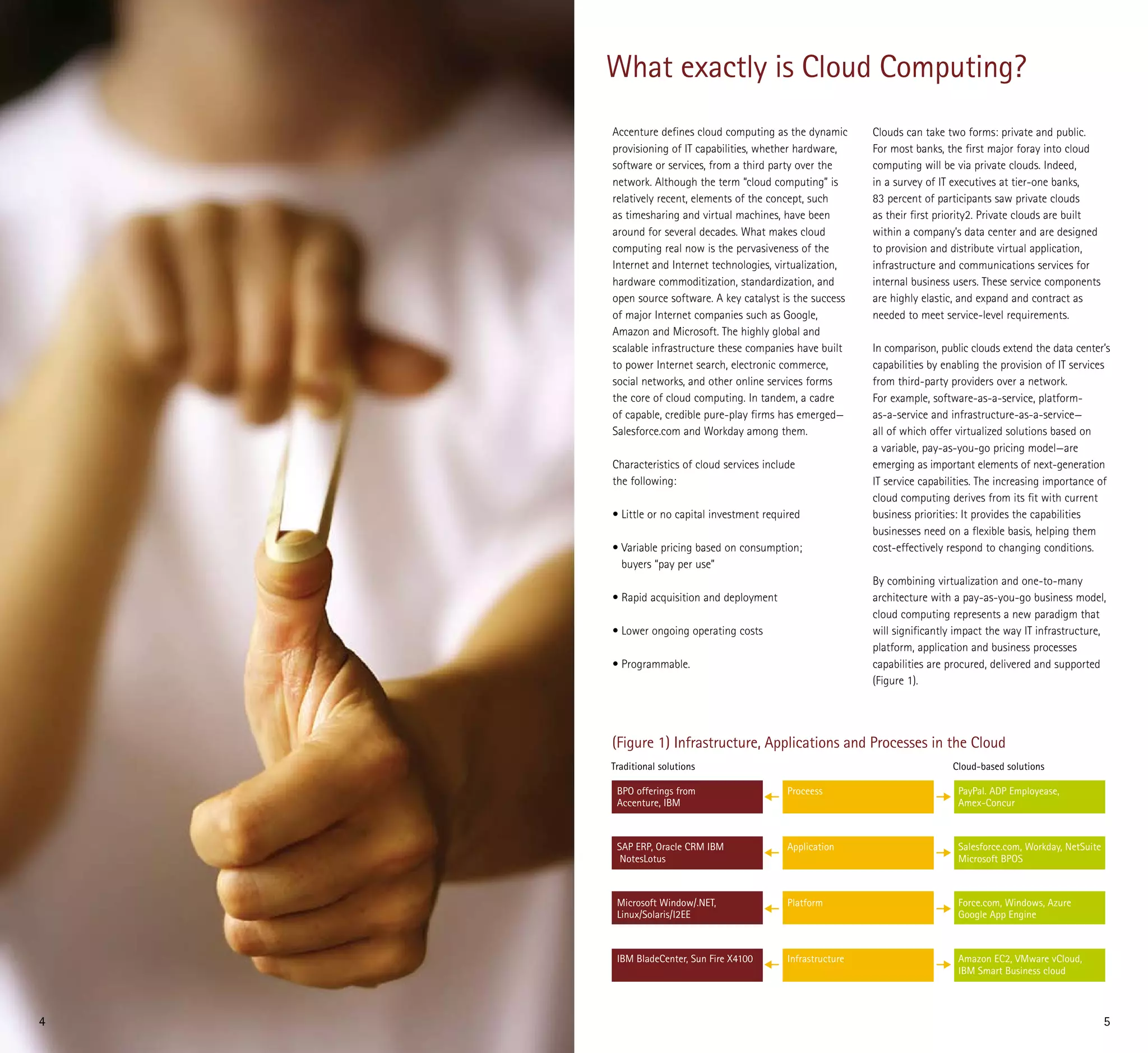 What exactly is Cloud Computing?
    Accenture defines cloud computing as the dynamic        Clouds can take two forms: private and public.
    provisioning of IT capabilities, whether hardware,      For most banks, the first major foray into cloud
    software or services, from a third party over the       computing will be via private clouds. Indeed,
    network. Although the term “cloud computing” is         in a survey of IT executives at tier-one banks,
    relatively recent, elements of the concept, such        83 percent of participants saw private clouds
    as timesharing and virtual machines, have been          as their first priority2. Private clouds are built
    around for several decades. What makes cloud            within a company’s data center and are designed
    computing real now is the pervasiveness of the          to provision and distribute virtual application,
    Internet and Internet technologies, virtualization,     infrastructure and communications services for
    hardware commoditization, standardization, and          internal business users. These service components
    open source software. A key catalyst is the success     are highly elastic, and expand and contract as
    of major Internet companies such as Google,             needed to meet service-level requirements.
    Amazon and Microsoft. The highly global and
    scalable infrastructure these companies have built      In comparison, public clouds extend the data center’s
    to power Internet search, electronic commerce,          capabilities by enabling the provision of IT services
    social networks, and other online services forms        from third-party providers over a network.
    the core of cloud computing. In tandem, a cadre         For example, software-as-a-service, platform-
    of capable, credible pure-play firms has emerged—       as-a-service and infrastructure-as-a-service—
    Salesforce.com and Workday among them.                  all of which offer virtualized solutions based on
                                                            a variable, pay-as-you-go pricing model—are
    Characteristics of cloud services include               emerging as important elements of next-generation
    the following:                                          IT service capabilities. The increasing importance of
                                                            cloud computing derives from its fit with current
    • Little or no capital investment required              business priorities: It provides the capabilities
                                                            businesses need on a flexible basis, helping them
    • Variable pricing based on consumption;                cost-effectively respond to changing conditions.
      buyers “pay per use”
                                                            By combining virtualization and one-to-many
    • Rapid acquisition and deployment                      architecture with a pay-as-you-go business model,
                                                            cloud computing represents a new paradigm that
    • Lower ongoing operating costs                         will significantly impact the way IT infrastructure,
                                                            platform, application and business processes
    • Programmable.                                         capabilities are procured, delivered and supported
                                                            (Figure 1).




    (Figure 1) Infrastructure, Applications and Processes in the Cloud
    Traditional solutions                                                    Cloud-based solutions

     BPO offerings from                    Proceess                            PayPal. ADP Employease,
     Accenture, IBM                                                            Amex-Concur



     SAP ERP, Oracle CRM IBM               Application                         Salesforce.com, Workday, NetSuite
      NotesLotus                                                               Microsoft BPOS



     Microsoft Window/.NET,                Platform                            Force.com, Windows, Azure
     Linux/Solaris/I2EE                                                        Google App Engine



     IBM BladeCenter, Sun Fire X4100       Infrastructure                      Amazon EC2, VMware vCloud,
                                                                               IBM Smart Business cloud



4                                                                                                                  5
 